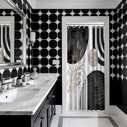 Miniatura 96 de Cortina de ducha moderna de mediados de siglo en blanco y negro, cortinas de ducha para hombre, juego de decoración de baño para hombres, patrón