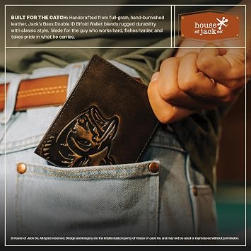 House of Jack Co. Bass Fish Double ID Bifold Wallet for Men, Full Grain Leather Bifold Wallet, 2 ID Windows, 10 Card Slots, Fishing Wallet, Black