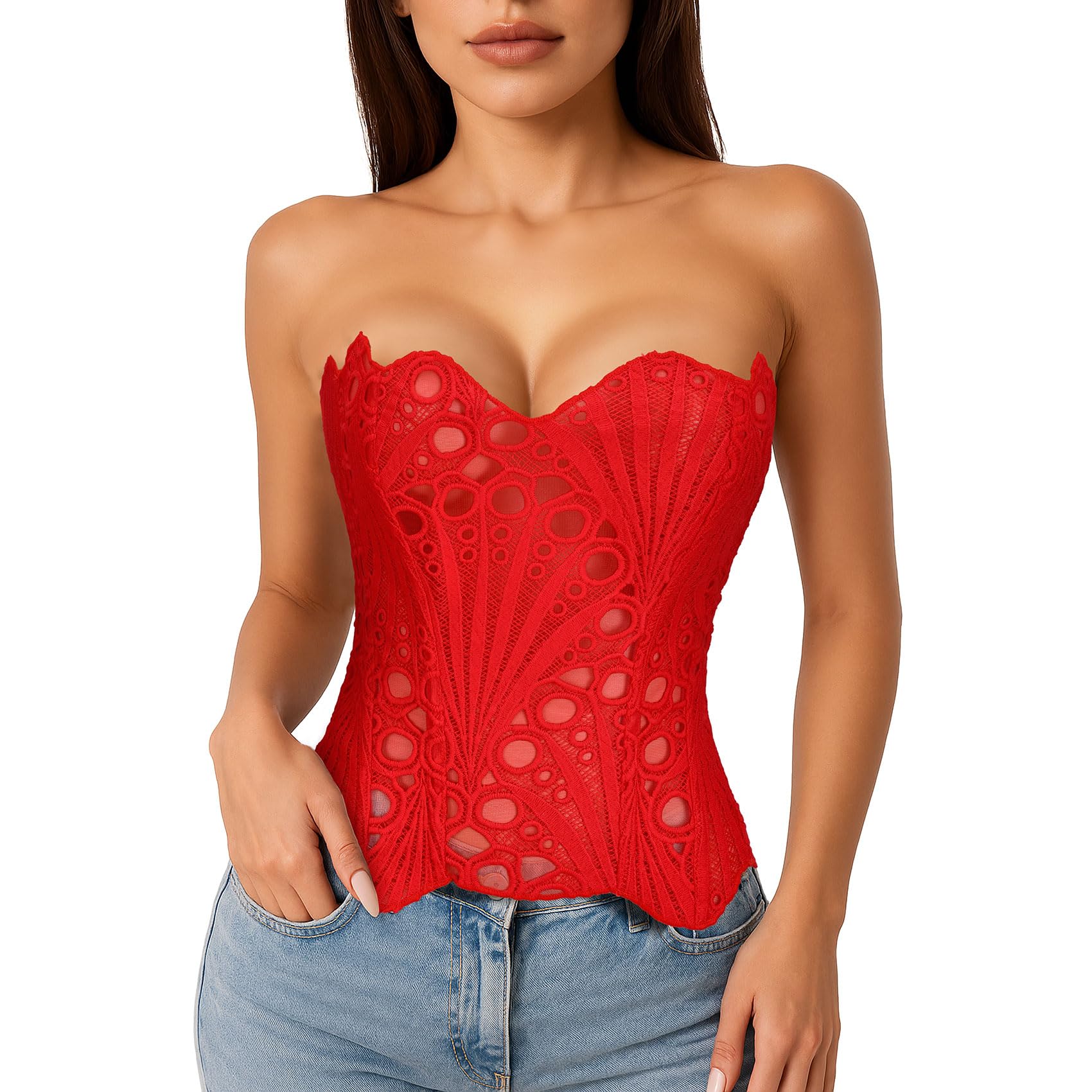 LEACOOLKEY Corpetto Corsetto in Pizzo Floreale Trasparente con Lacci per Donna Top,Rosso,S