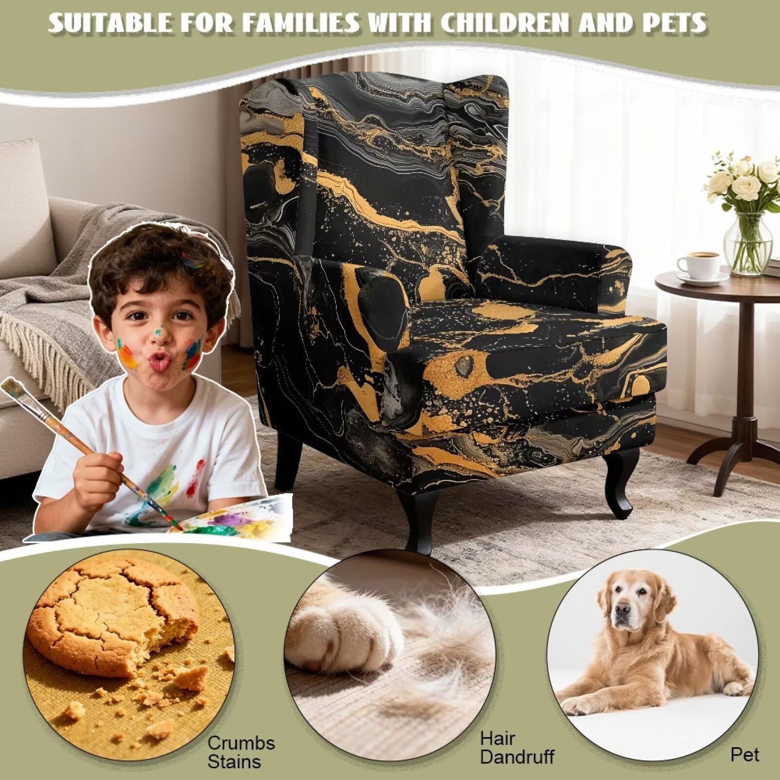 Xoenoiee Fundas elásticas para sillas con respaldo de alas con estampado de mármol negro, 2 piezas, funda lavable para sillones, protector de muebles antideslizante para sala de estar