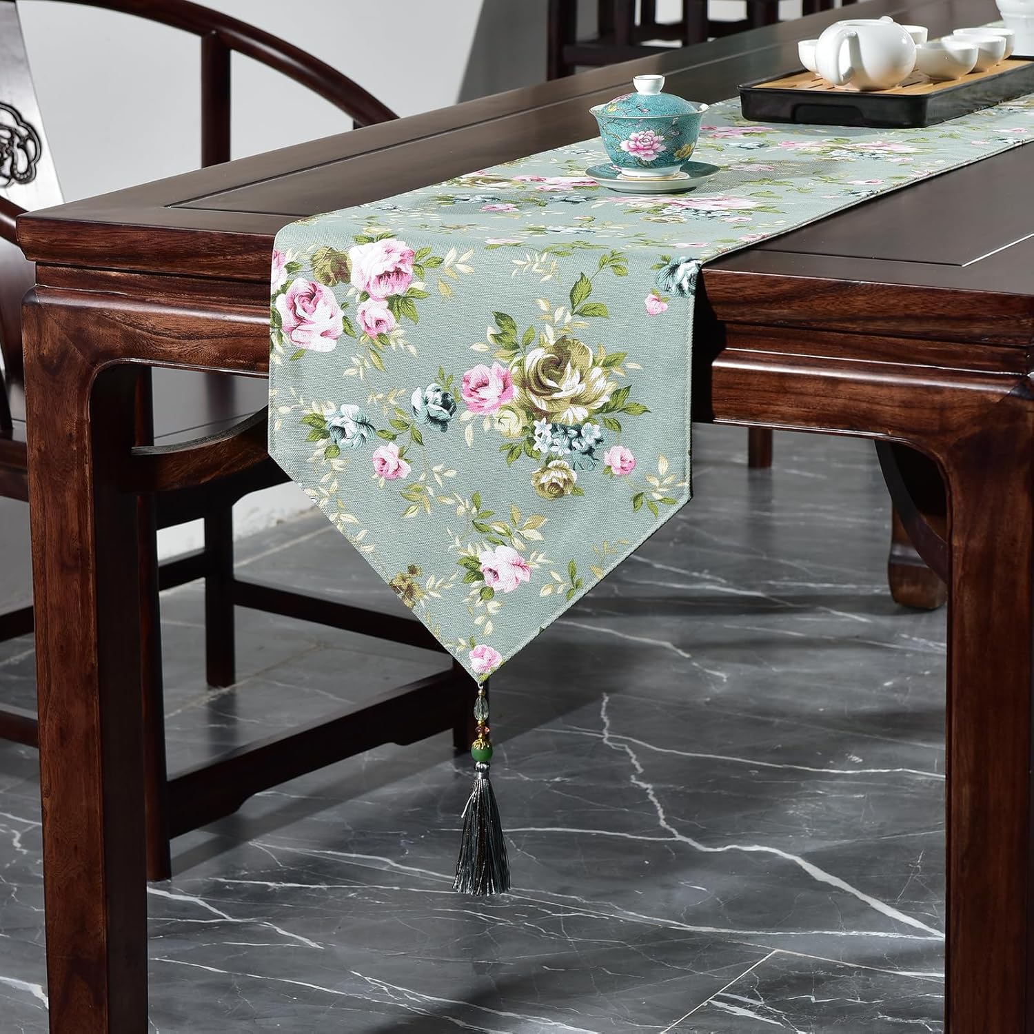 Farmhouse Table Runner 120 Inch, Green Burlap Table Scarf with Floral Print and Beaded Tapestry Lining, Rustic Christmas Holiday Dining Room Home Decor (Green, 13×120 inch)