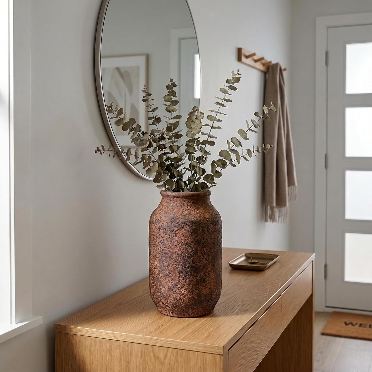 Terracotta Pottery Vase, 9 Inch Ceramic Decorative Flower Vases for Home Decor, Farmhouse Rustic Vase for Centerpieces, Living Room Entryway Table Mantle Decor, Brown