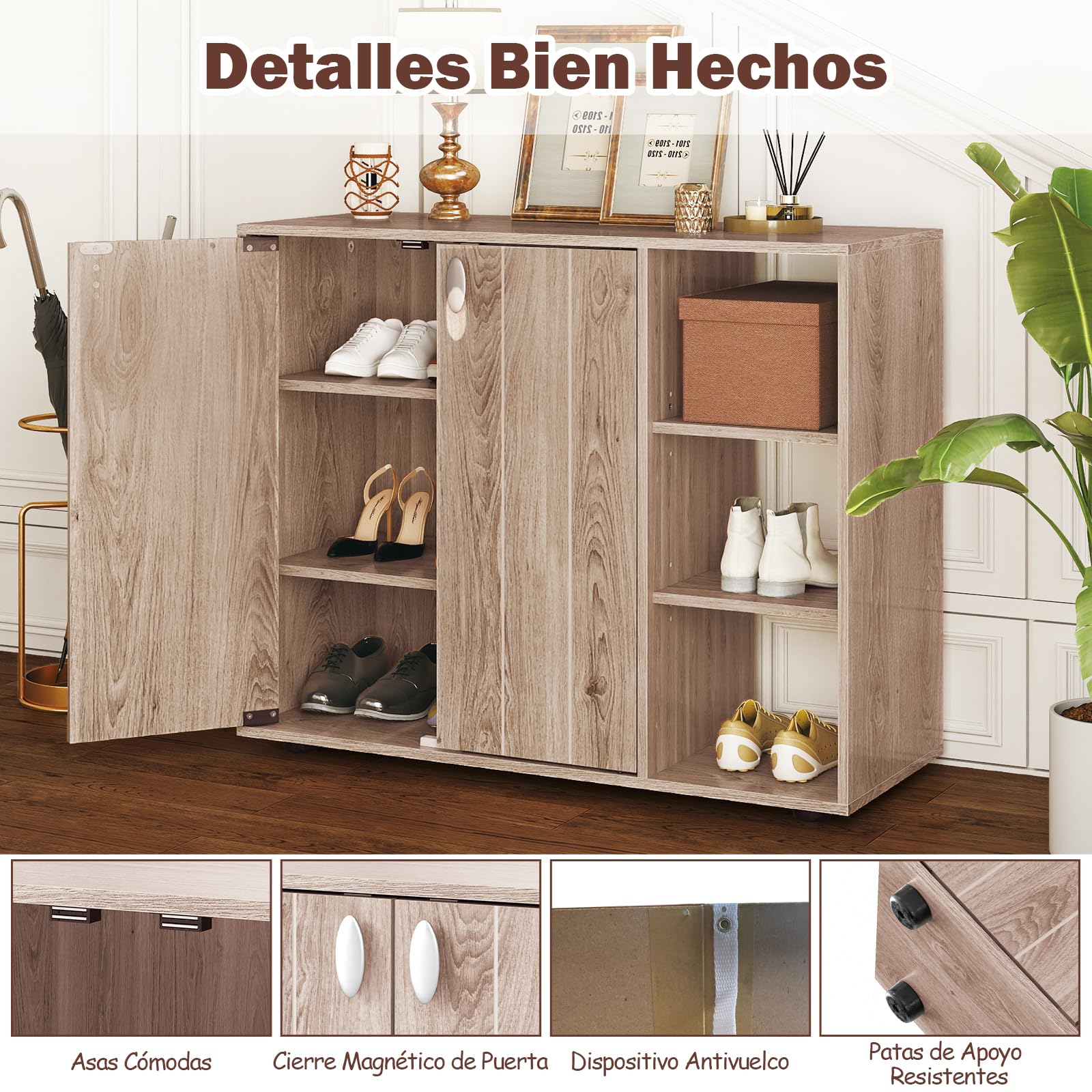 COSTWAY Zapatero Entrada Recibidor, 2 Puertas, Mueble Zapatero de 3 Niveles con Estantes Ajustables, Mueble Auxiliar Madera Entrada Pasillo Salon, 80 x 31 x 64,5 cm (Natural)