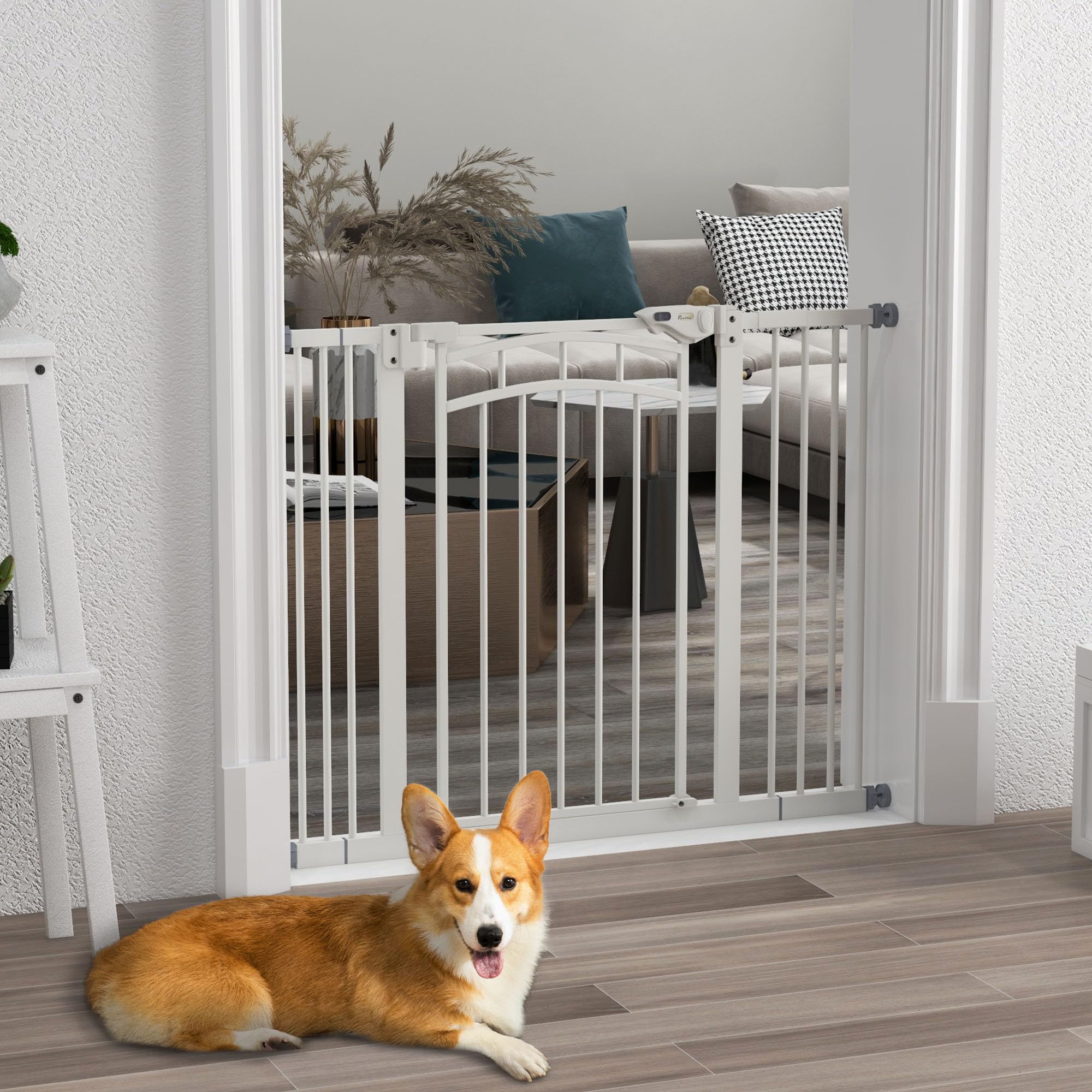 PawHut Stair Gate Dog Door Gate with Two Extensions, Barrera para Perros con Puerta de Cierre automático, Apertura con una Sola Mano, 74-100 cm, para Perros pequeños y medianos, Blanco