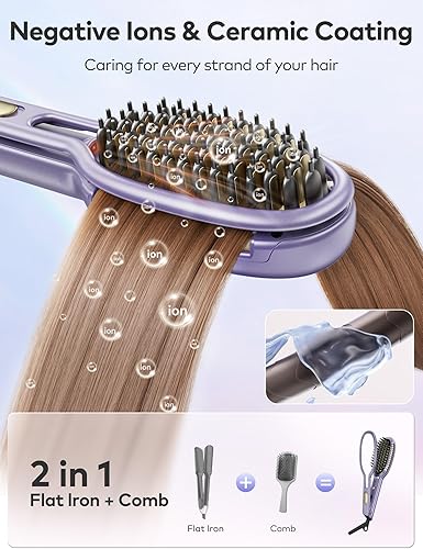 Miniatura 4 de Llano Cepillo alisador de pelo, alisador y rizador iónico mejorado 2 en 1 con abrazadera de soporte, antiencrespamiento, cepillo alisador de
