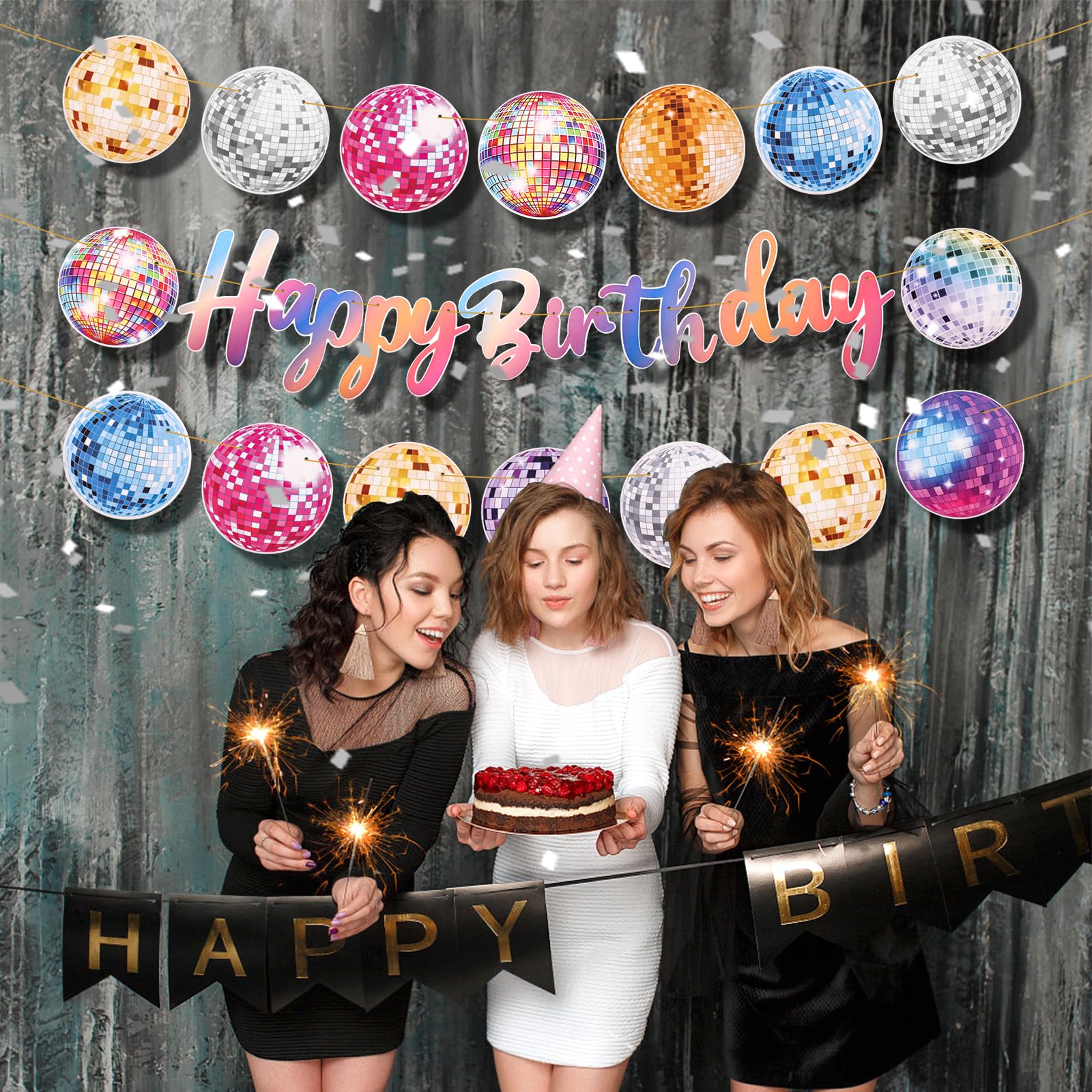 Décorations de fête d'anniversaire disco argentées – Bannière « Happy Birthday » à paillettes des années 70 et 80 à suspendre, guirlande en papier pour fête disco et danse Décorations de fête d'anniversaire disco argentées – Bannière « Happy Birthday » à paillettes des années 70 et 80 à suspendre, guirlande en papier pour fête disco et danse