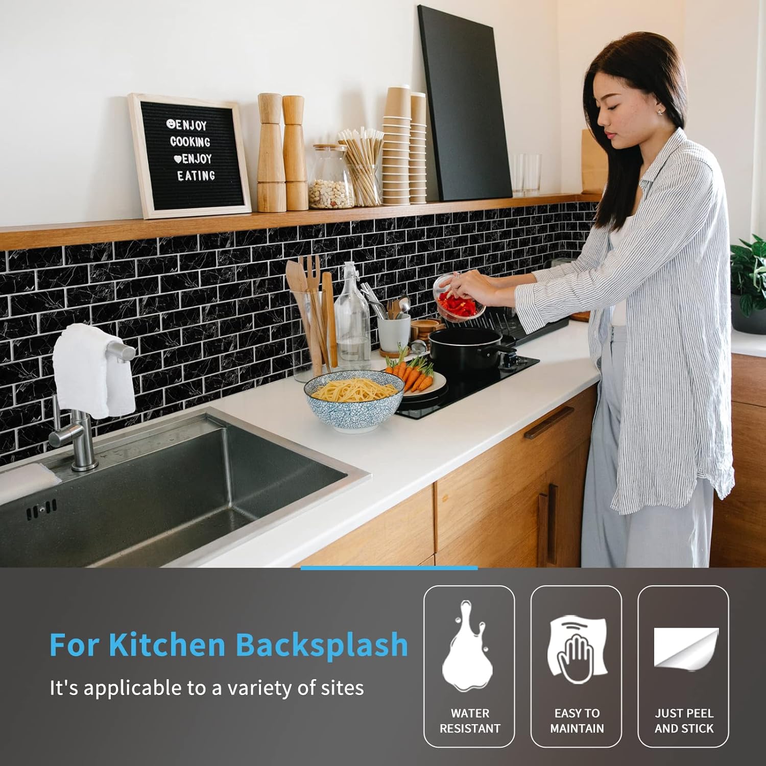 Black Marble Peel and Stick Rectangular Backsplash Tiles