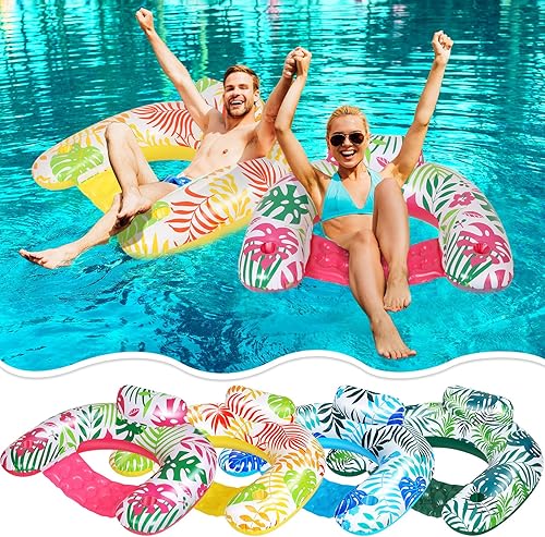 Paquete de 4 flotadores de piscina para adultos con portavasos, diseño de plantas tropicales, flotadores de río perezoso para adultos, sillas de