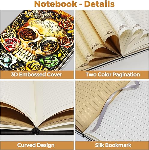 Miniatura 6 de HomWanna Cuaderno de cuero con relieve de calavera, cuadernos vintage hechos a mano en 3D, diario de viaje con papel rayado, cuaderno de bocetos de