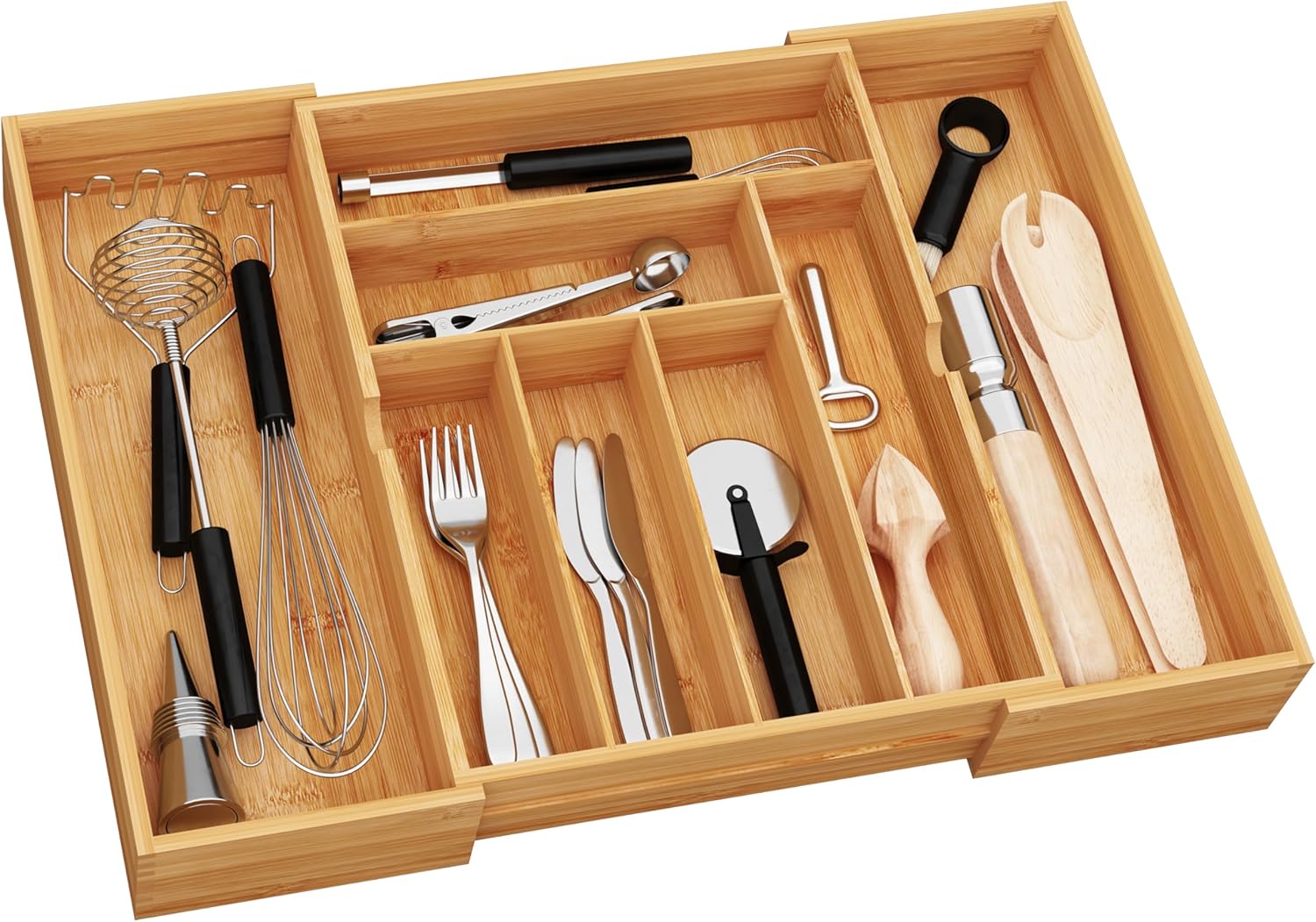BAMEOS 3" Deepth Expandable Drawer Organizer, Deep Flatware Organizer, Adjustable Silverware Organizer, Bamboo Drawer Organizer for Kitchen, Bathroom (Natural) 3''H 22X16