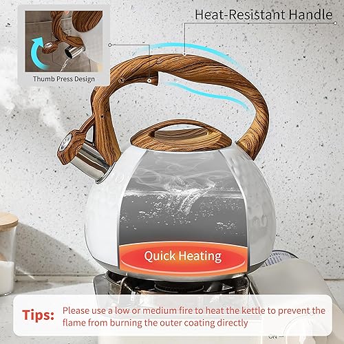 Miniatura 3 de LONFFERY Tetera para estufa, hervidor de té silbante de 3 cuartos de galón, con mango plegable de acero inoxidable de grado alimenticio y patrón de