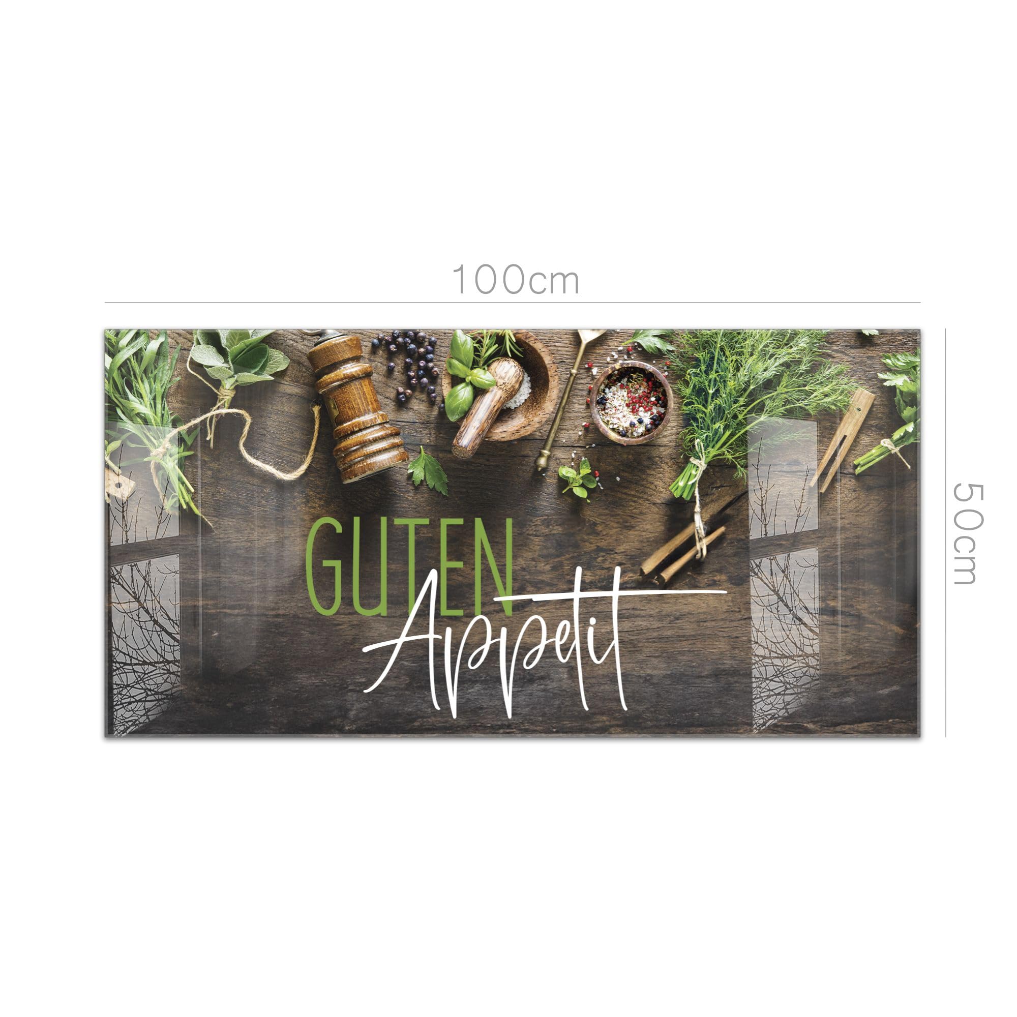 timalo Küchenbild aus Acrylglas modernes Wandbild Glasbild Deko Küche XXL Acryl-Bild wie Glas | 100x50cm Kräuter& Gewürze auf rustikalem Holztisch, Guten Appetit