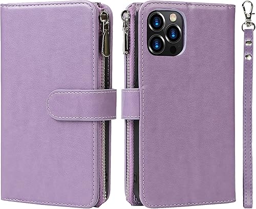 Miniatura 8 de iCoverCase Funda tipo cartera para iPhone 13 Pro Max con tarjetero, 2 en 1, de piel sintética, con cierre magnético, bolsillo con cremallera, a