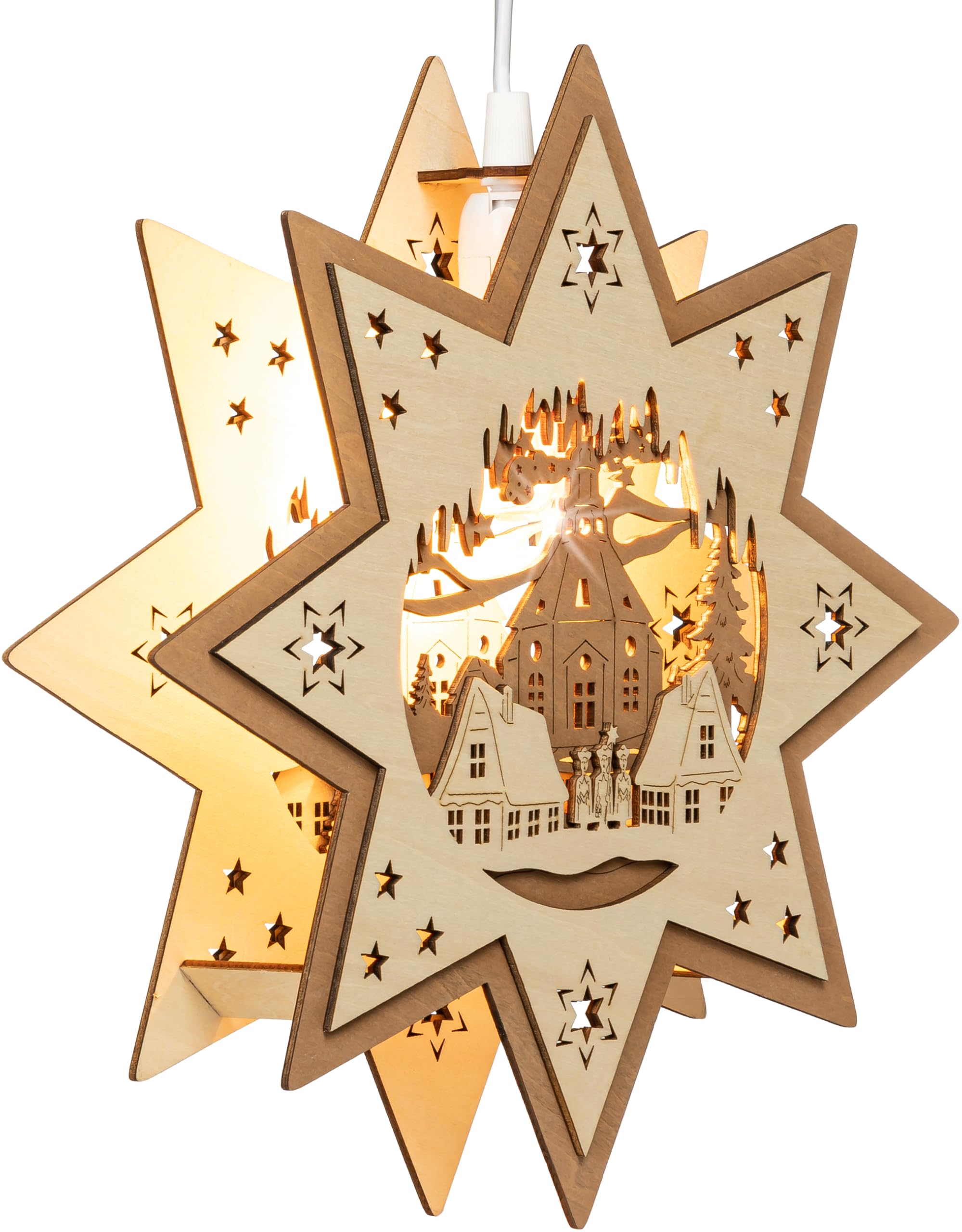 SIKORA FB02 Deko Fensterbild 2-farbig Holz Stern mit Motiv Kirche beleuchtet H:32cm