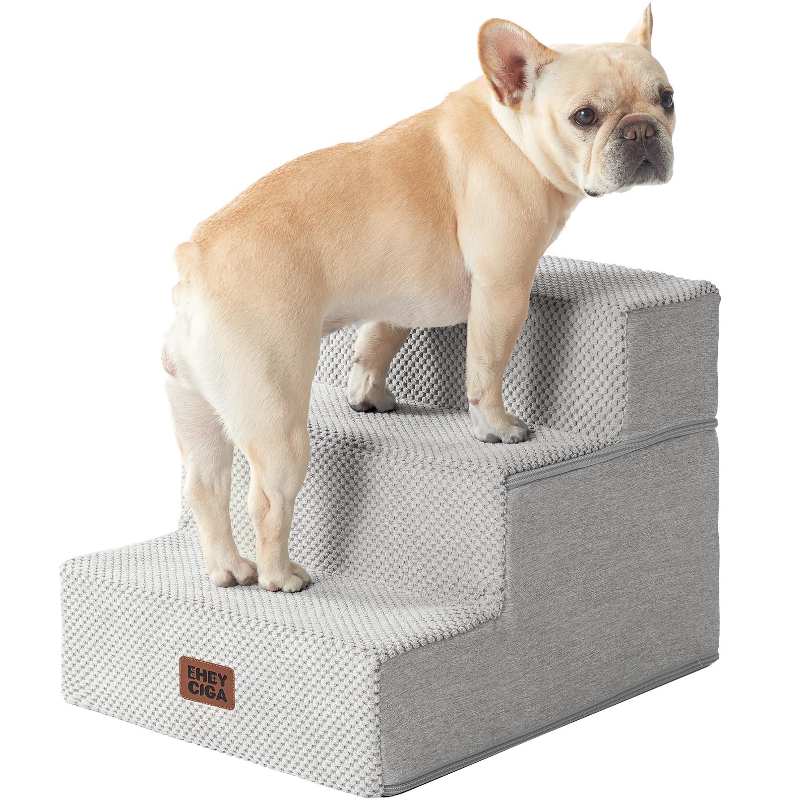 EHEYCIGA Dog Stairs for Small Dogs 13.5" H, 3-Step Dog Steps for Cats, Light Grey