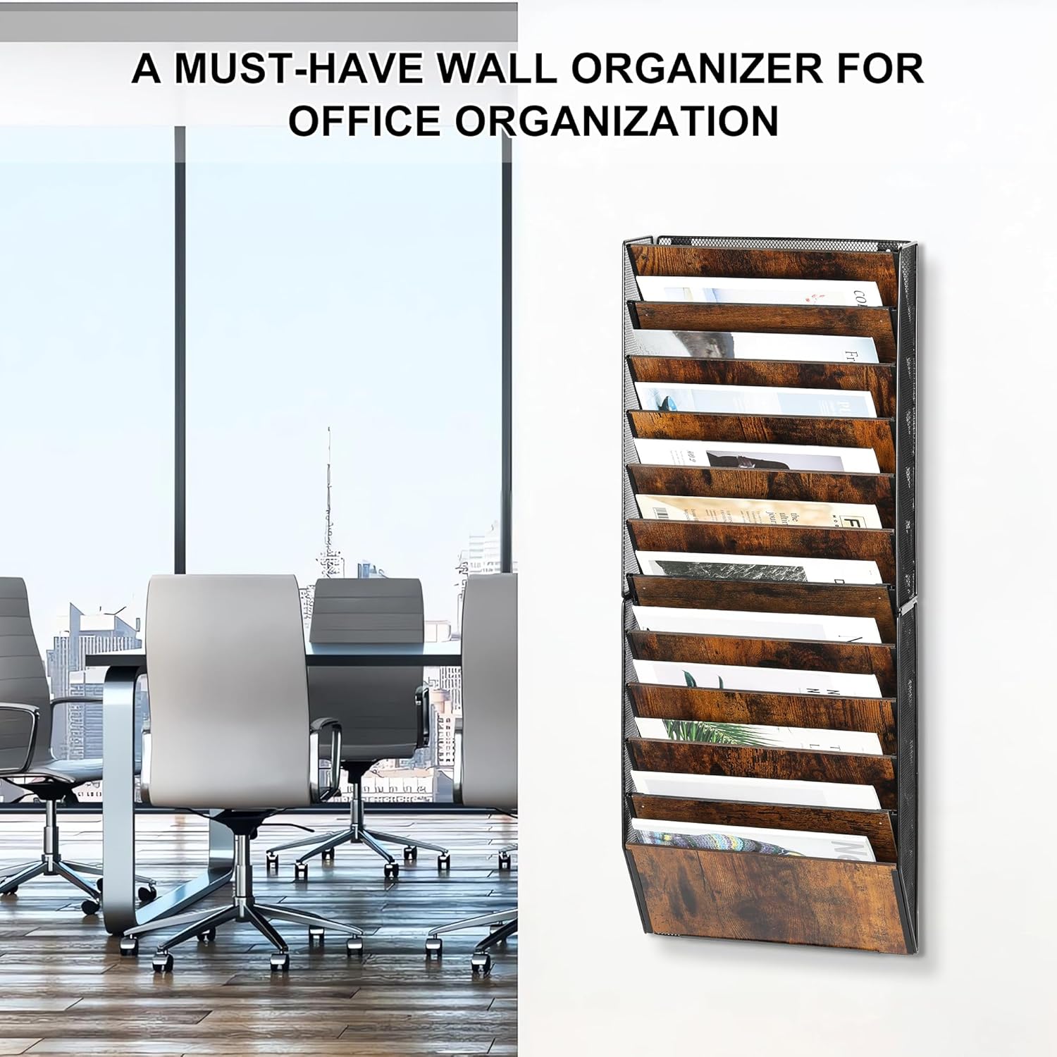 TQVAI 12-Pocket Hanging Wall File Organizer - Metal Folding Wall Mounted Mail Document Holder, Multi-Purpose Clipboard Storage Rack for Office, Homeschool, Classroom Organization, Black/Vintage