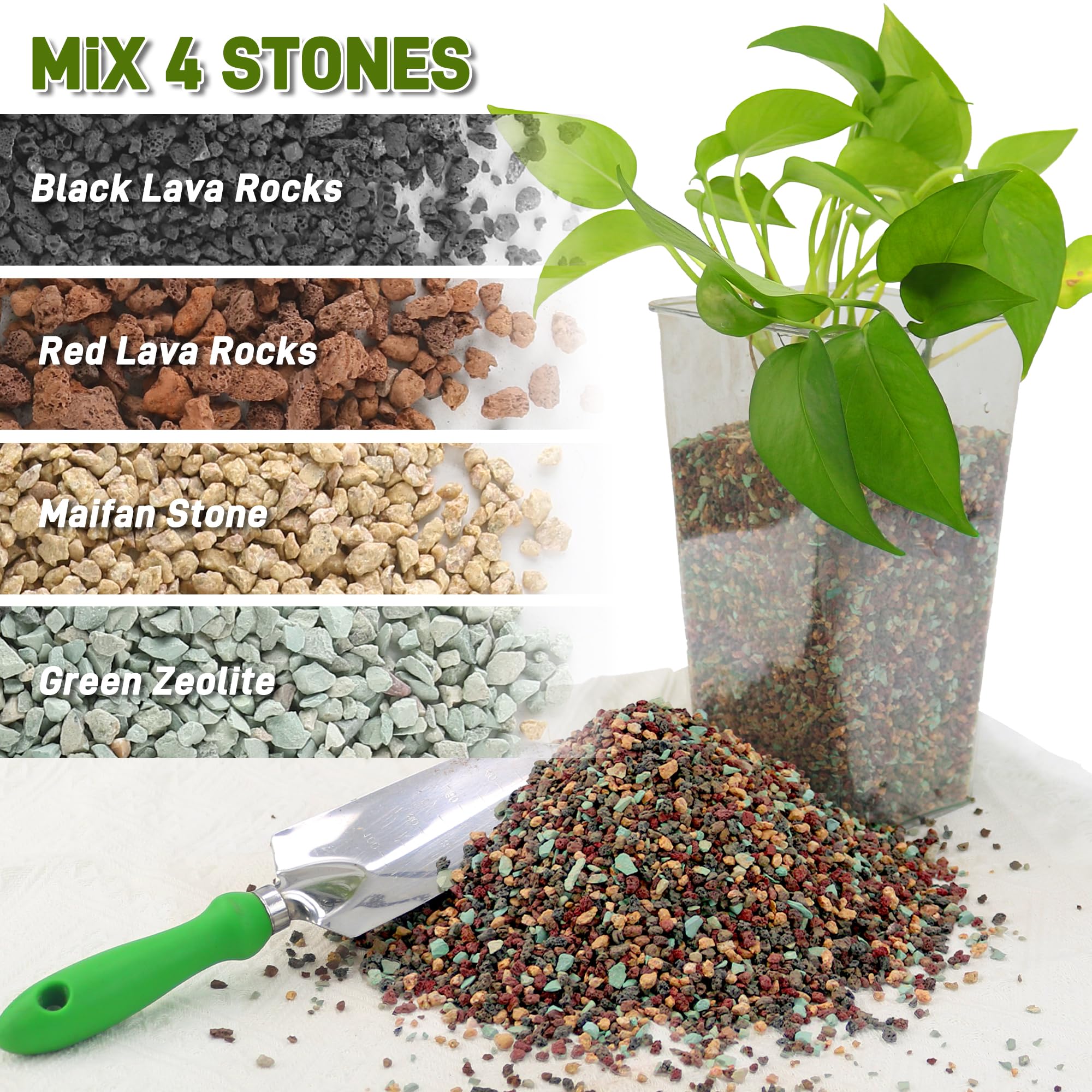 Mezcla de Piedras para Macetas 1.4 kg (3 lb) - Piedras Decorativas 4 en 1 (Lava Roja, Lava Negra, Zeolita Verde, Maifan) 3-6 mm - Para Sustrato de Plantas, Decoración de Jarrón y Jardín