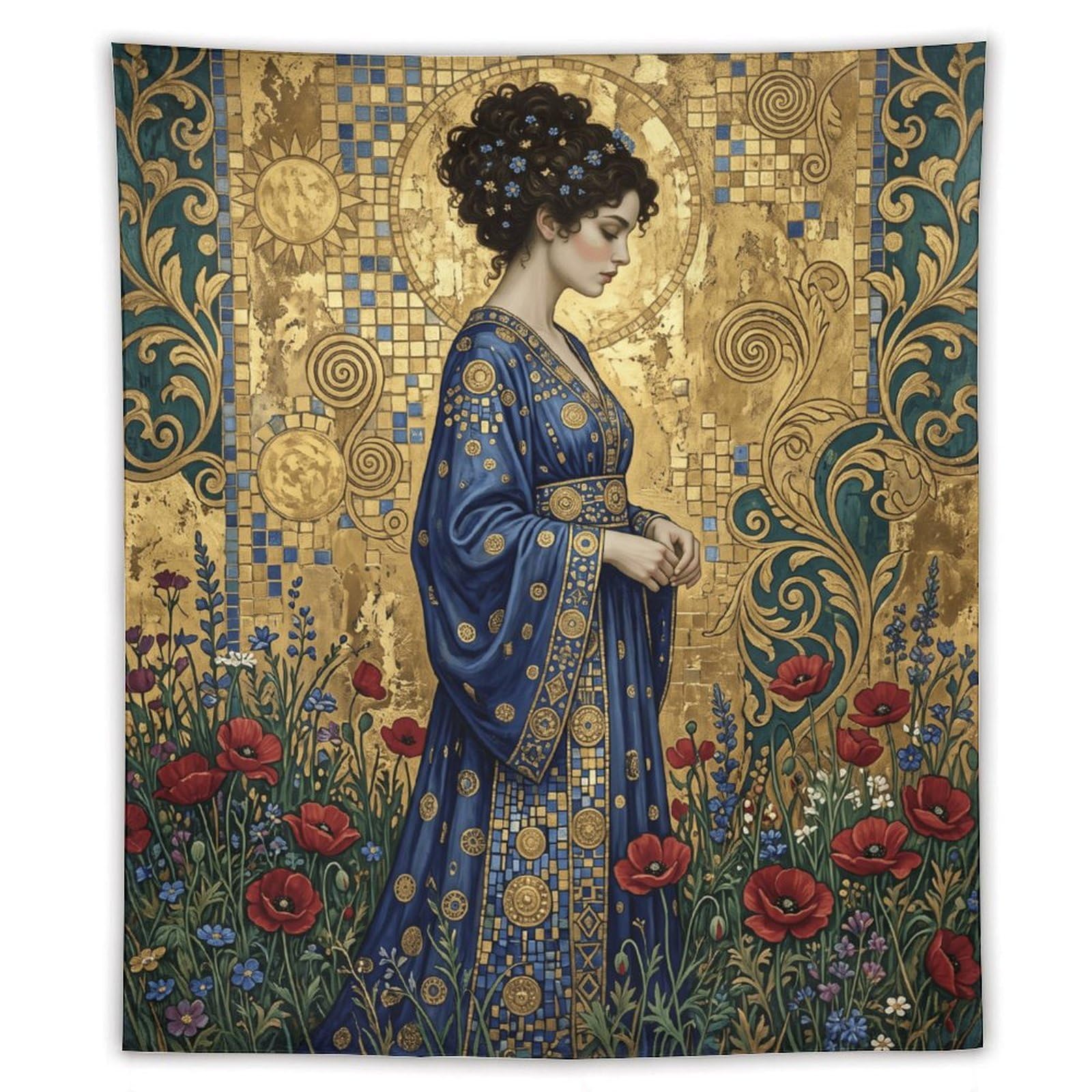 W7C8U2X3 Floral Golden Mosaic Woman Wall Tapestry, Mosaic Style, Bedroom