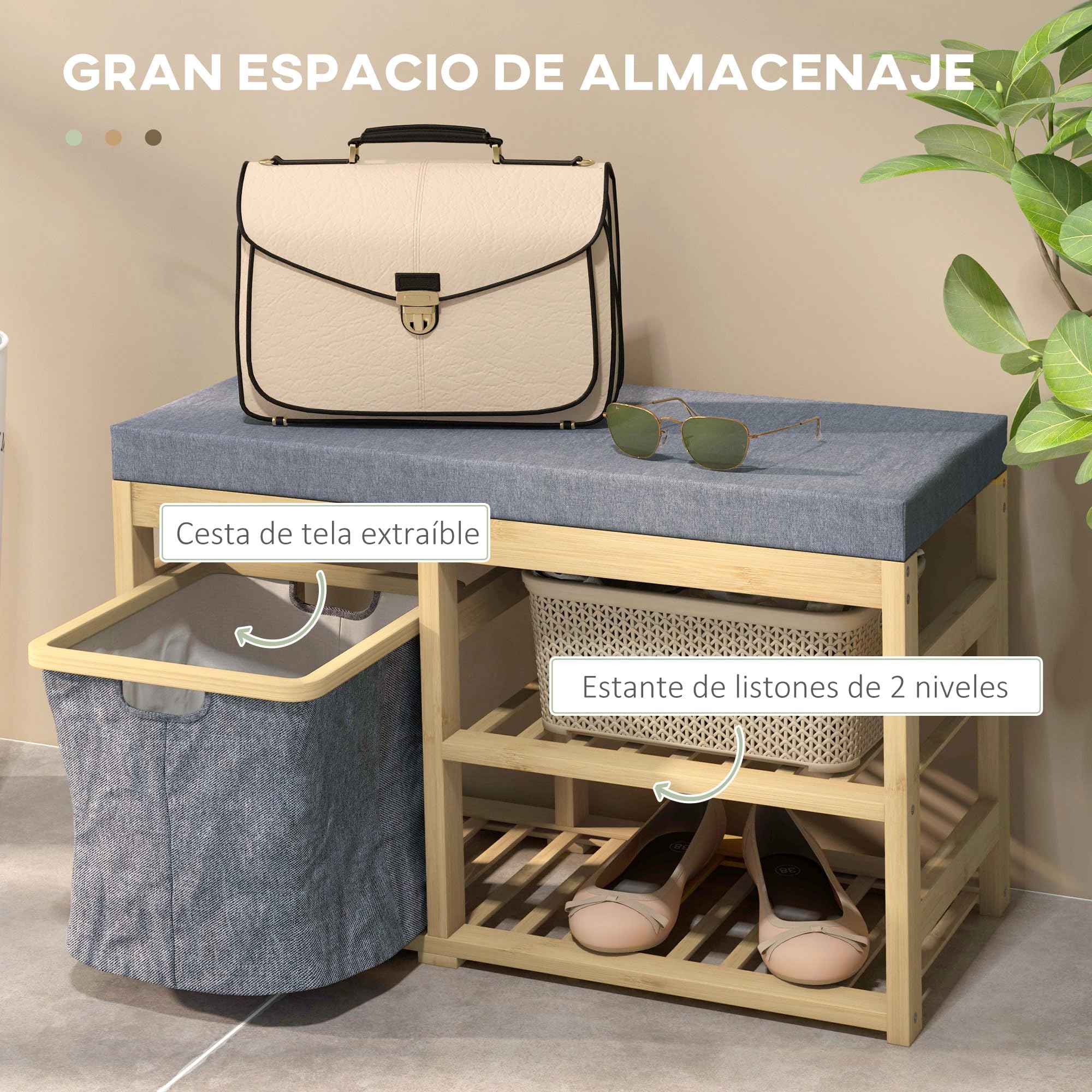 HOMCOM Banco Zapatero de Bambú con Asiento 4 Pares 69x30x45 cm Natural | Mueble Zapatero, Cesta Extraíble, Estantes Abiertos, Bancos Pequeños para Recibidores