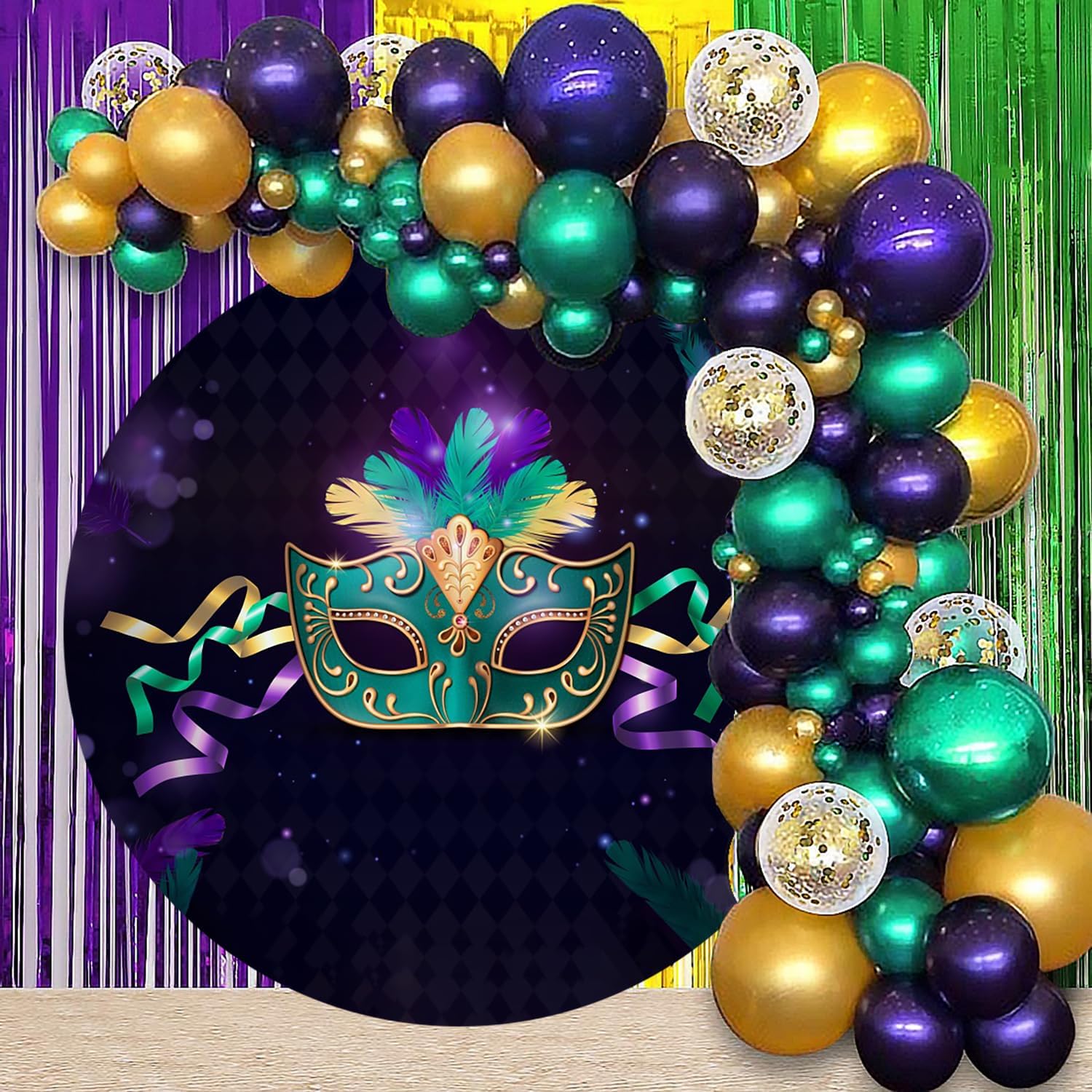 Renaiss 7x7ft Mardi Gras Round Backdrop Cover Carnival Masquerade Circle Photography Background Mystic Venetian Mask Dress-Up Prom Carnival Ball Rave Birthday Party Decors Arch Photo Booth Props