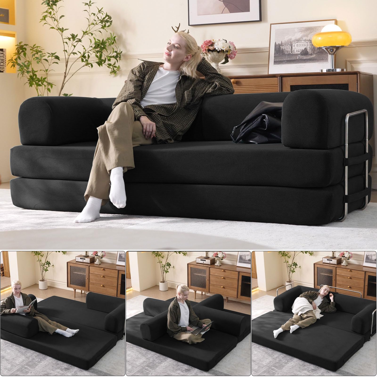 Photo 1 of WHGBJA 79" Convertible Sleeper Sofa Bed with Cylindrical Pillow, Corduroy Folding Mattress Couch with Fixed-Shape Frame, Floor Sofa Lounge Couch for Living Room Bedroom Lounge Studio (Black)