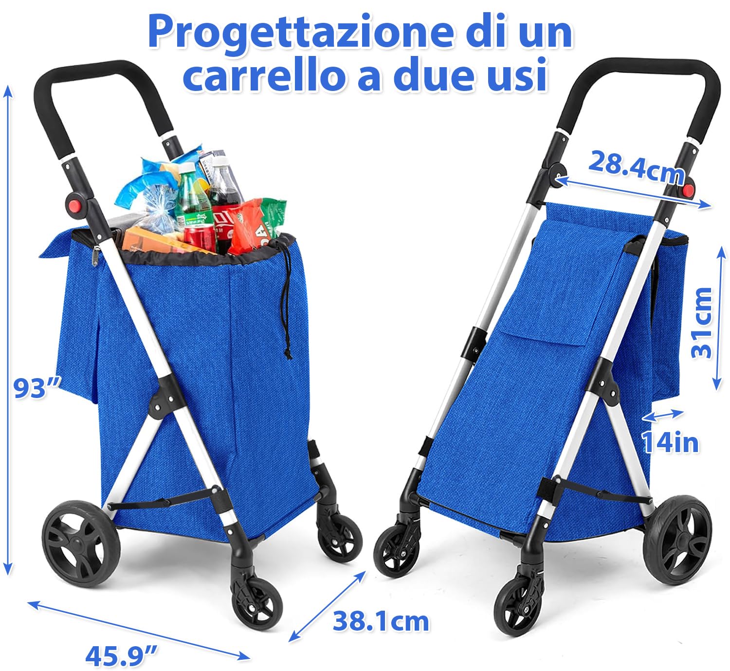 Carrello della Spesa, 8L e Tasca Posteriore, con 4 Ruote, e una grande Capacità di 25 kg Carrello Portaspesa, 46L Trolley Spesa on Wheels (Azzurro)