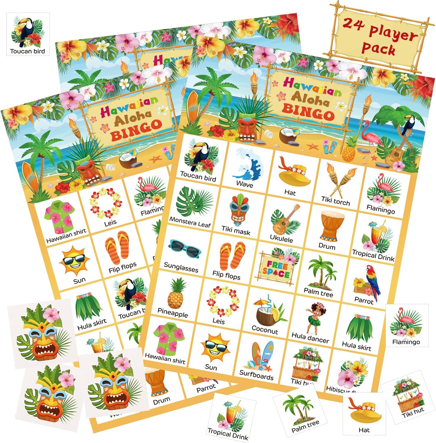 Liliful 39 Pcs Hawaiian Aloha Bingo 24 Players Luau Party Games Hawaii Bingo Cards for Adults Kids Family Classroom Activities Tropical Summer Party Favors Supplies