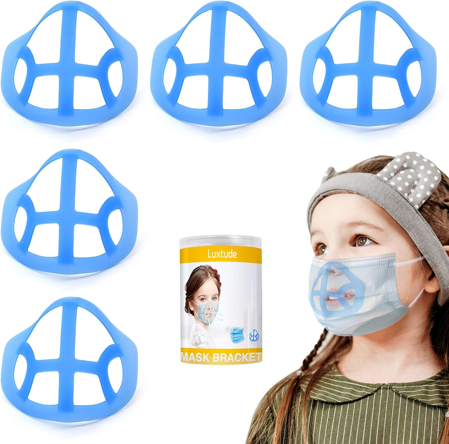 Luxtude Silicone Mask Bracket for Kids, Skin Friendly Face Mask Bracket, Tender Feeling Child 3D Mask Bracket, Washable Face Bracket for Mask, Comfortable Breathing and Wearing (5 Pack, Blue)