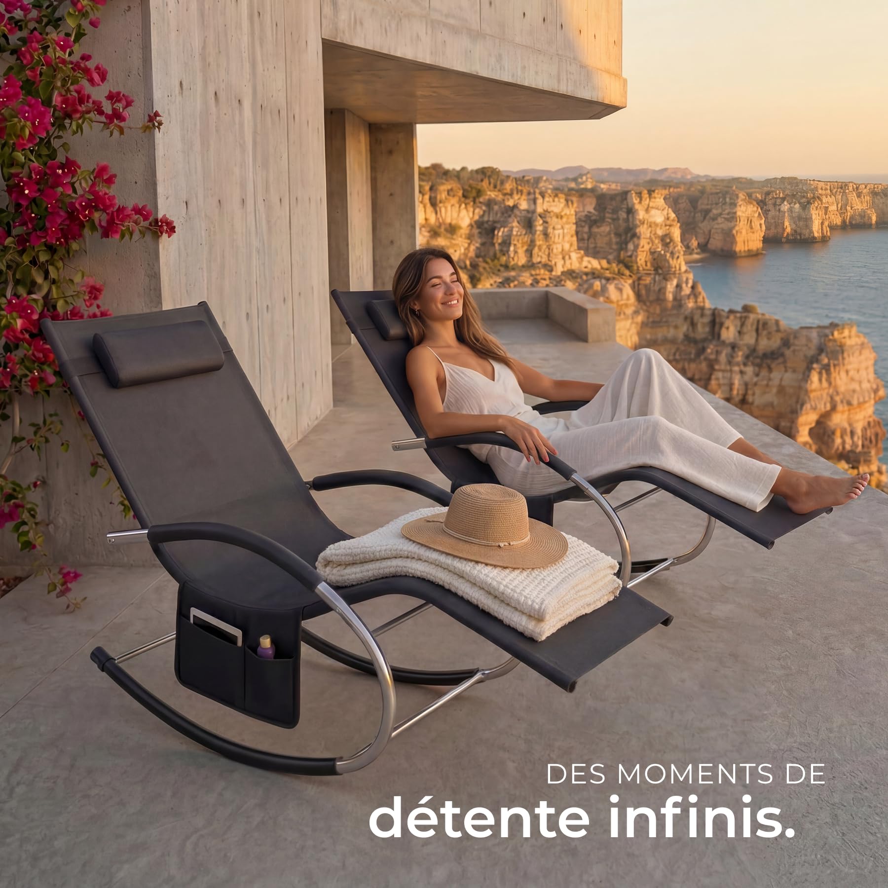 tectake® Lot de 2 Chaise longue ergonomique 62 x 146 x 92 cm Balancement doux, Transat jardin exterieur, revêtement respirant & hydrofuge, Bain de soleil Chaise longue jardin exterieur Transat piscine