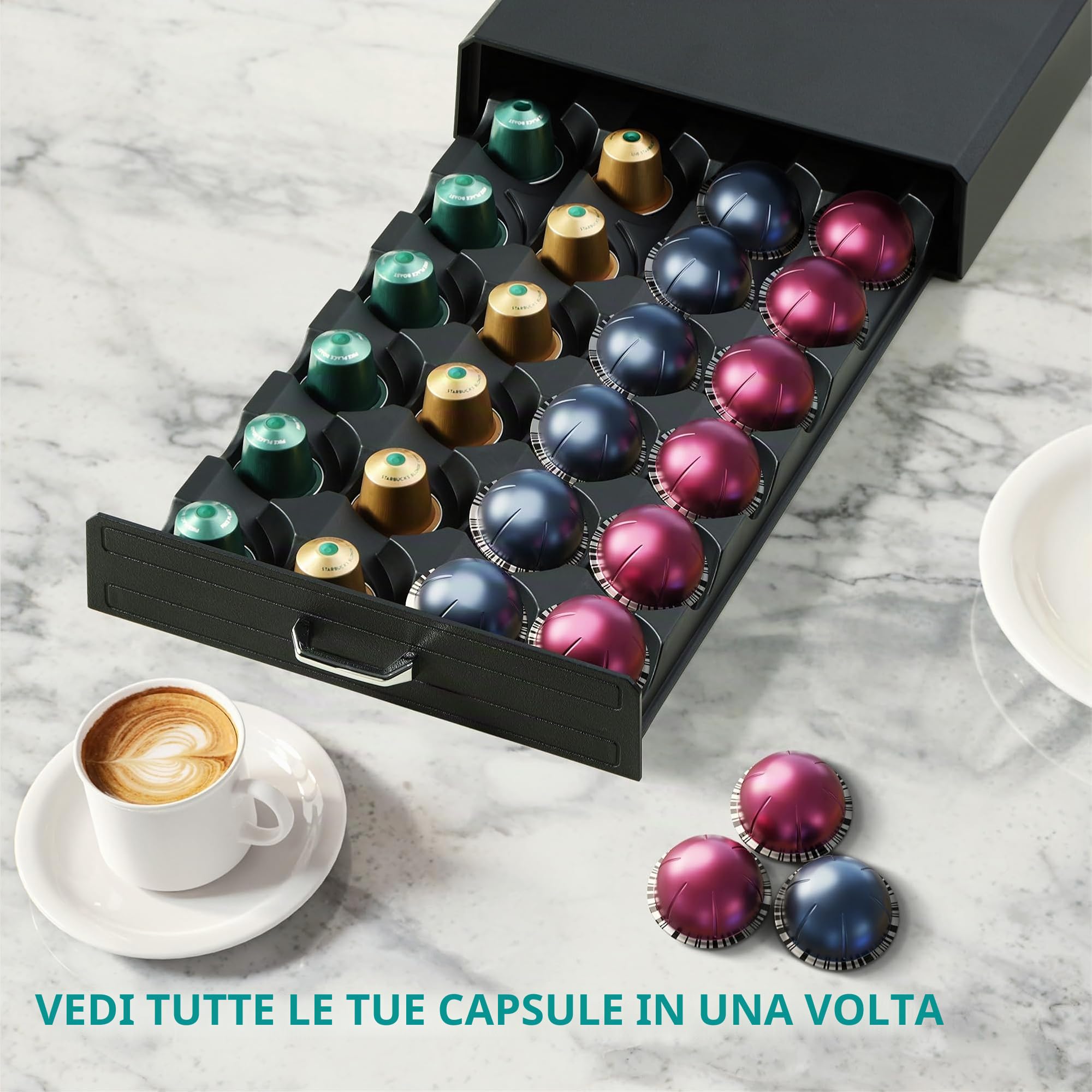 Navaris Cassetto Porta Capsule - Portacapsule Compatibile con Nespresso Vertuo - Contenitore 24x Capsule Macchina Espresso - Organizer e Supporto Macchine Caffè - Nero