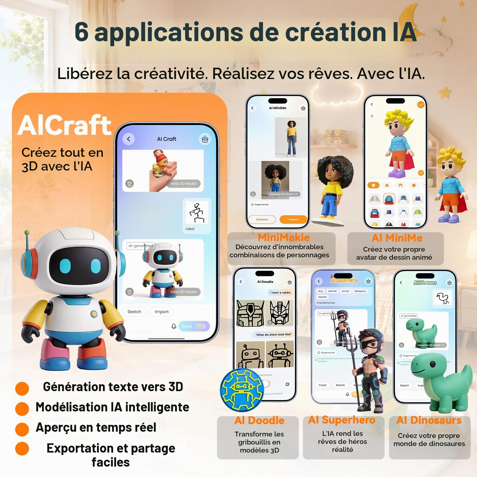 Imprimante 3D Alimentée PLA pour Enfants, Application de Conception AI, Grande Bibliothèque de Jouets, Jusqu’à 400 mm/s, avec 15 Mini Modules 3D, Contrôle App, X-Maker Joy AI+