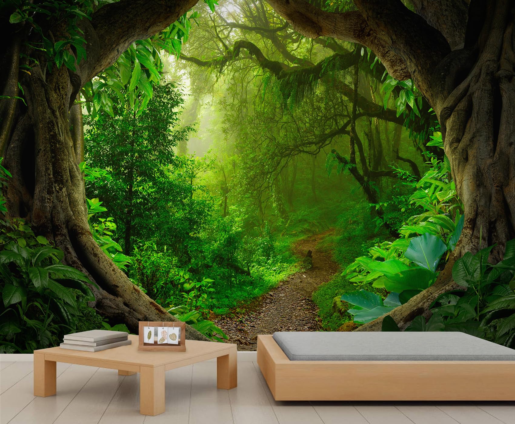 QDJKBL Jungle Forest Wall Murals Green Tropical Wall Paper Decor Fresh Sunshine Forest Wallpaper RinForest Natural Scenery Mural for Bedroom Dining Room Corridor 365 x 254 cm