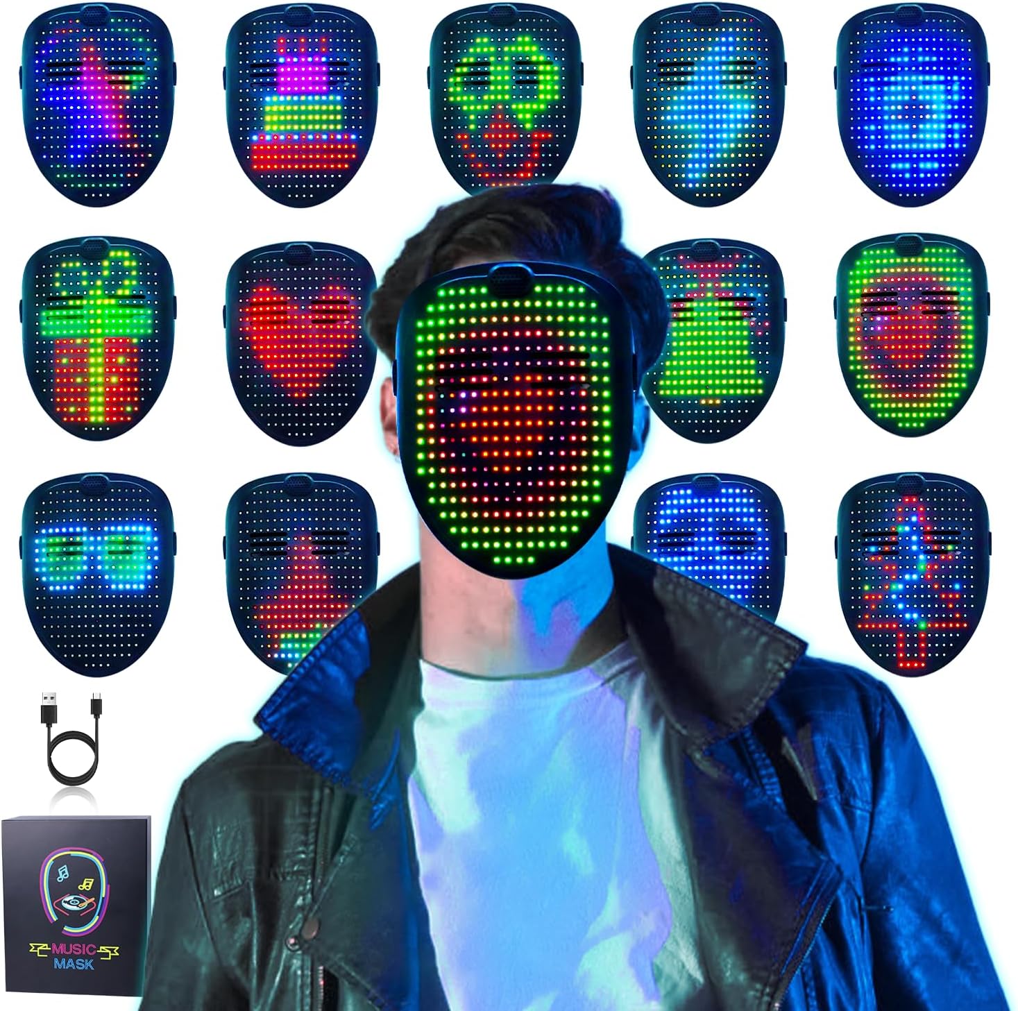 Ompusos Led Mask, Light Up Mask with Gesture Sensing, LED Lighted Face Transforming Halloween Mask, Costume Cosplay Party
