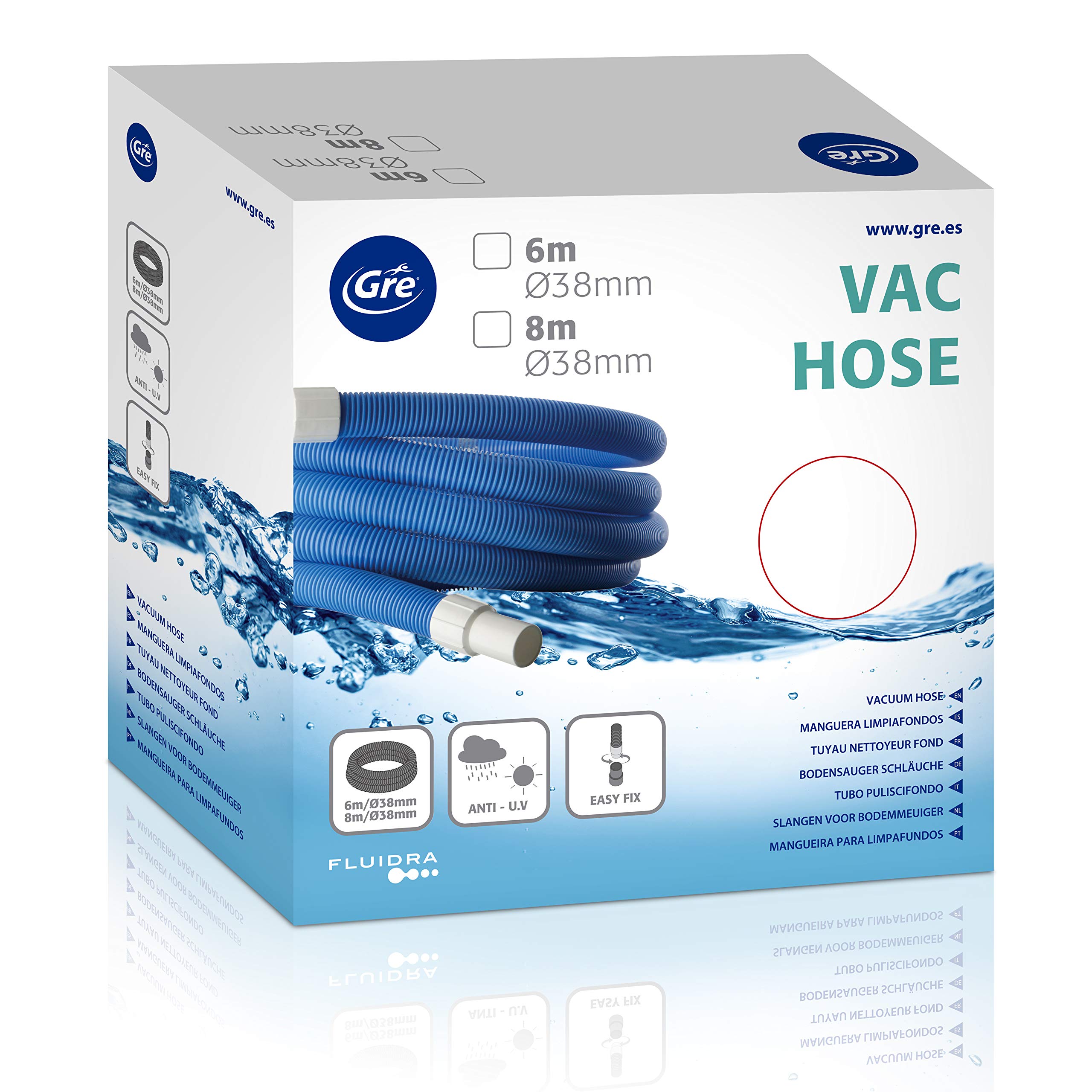 Tuyau Pour Nettoyeur De Piscine GRE - 8 Mètres, Diamètre 38 Mm - 2 Embouts Inclus - Flottant, Résistant