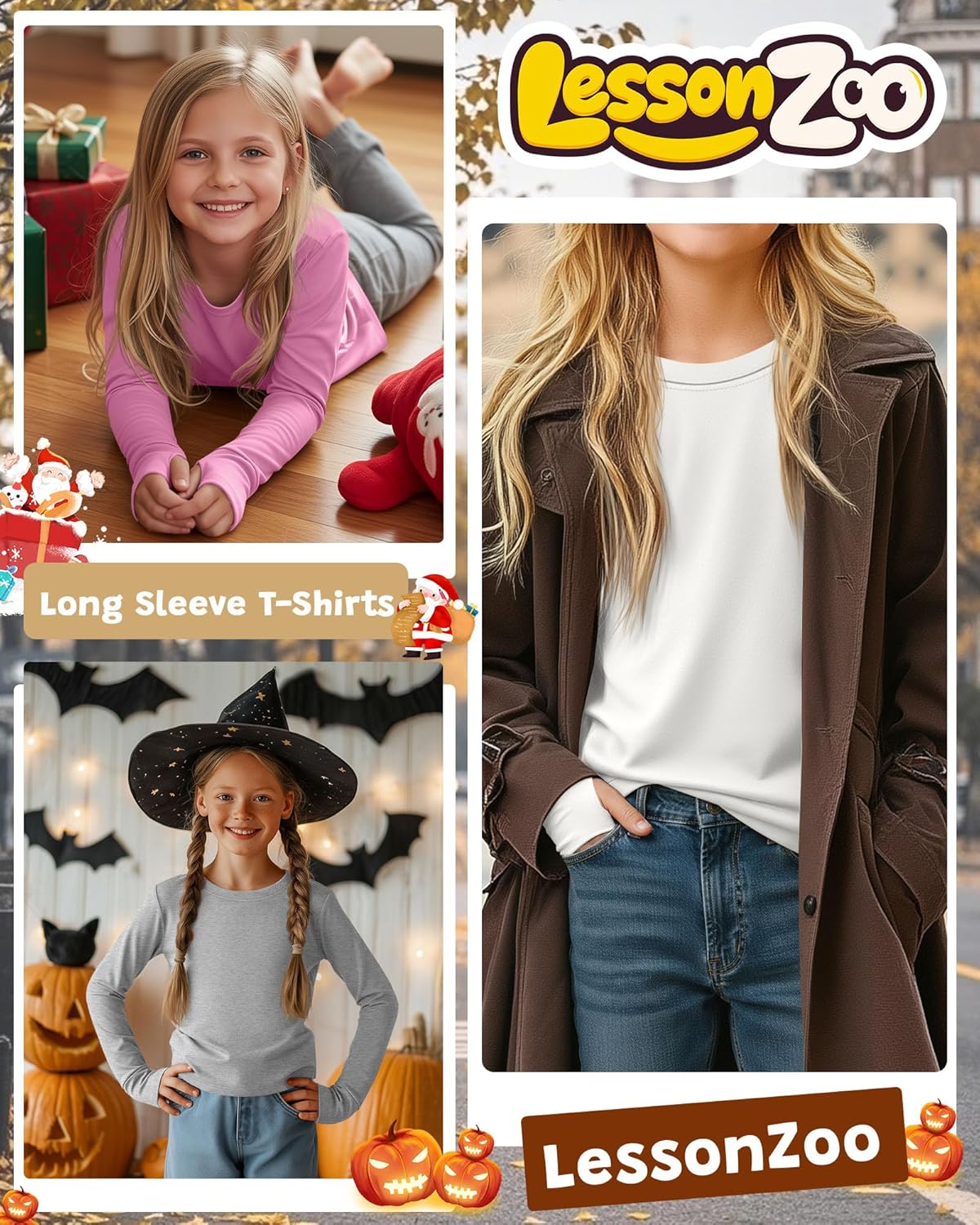 4 Pack Girls' Cotton Shirts with Thumb Holes Long Sleeve Basic Crew Neck Tops Casual Lightweight Tees 5-14Y - Image 2