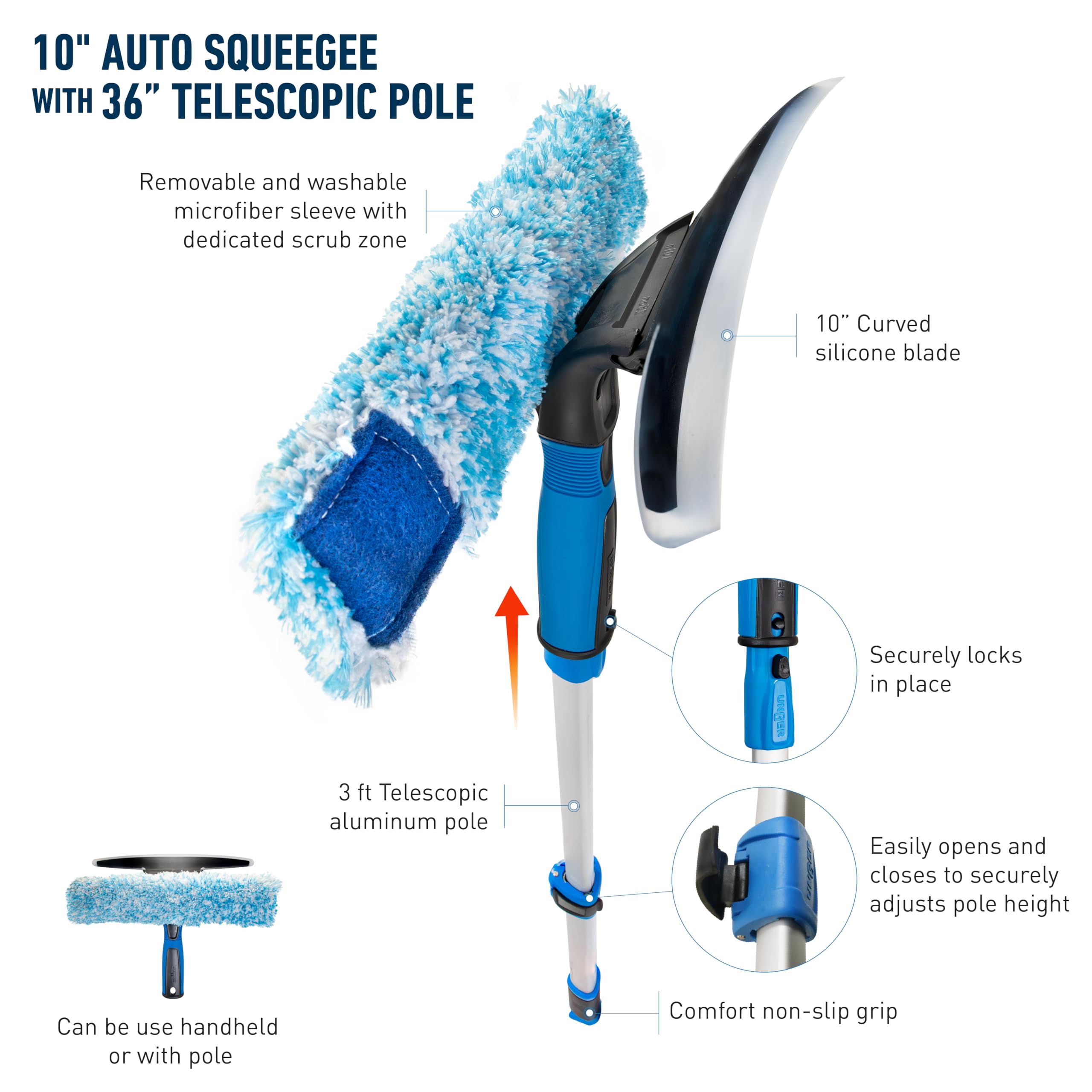 Unger Escobilla de goma curvada de silicona de 10 pulgadas con poste telescópico de 3 pies, hoja flexible para curvas de ventana, herramienta de limpieza de parabrisas, funda de microfibra