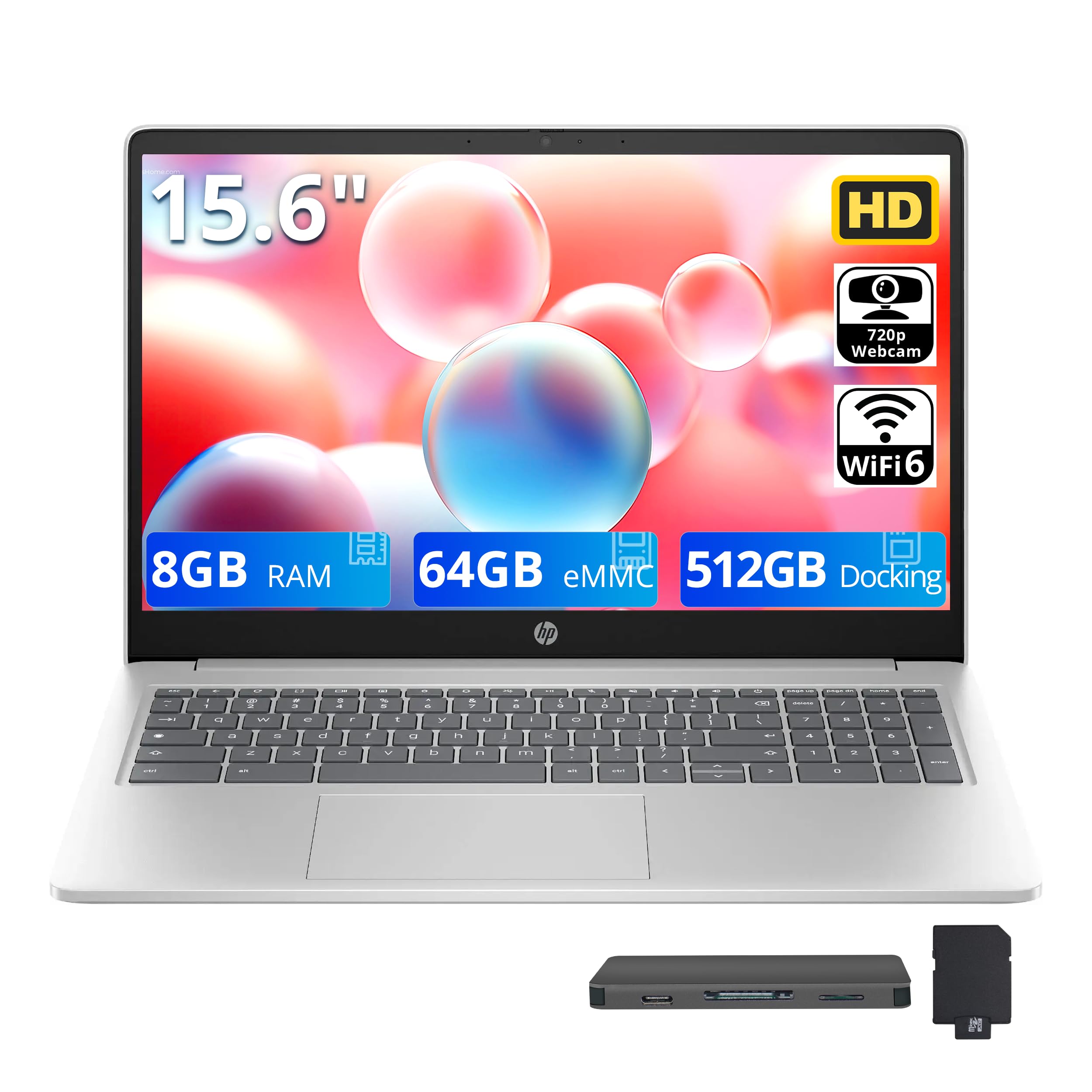 HP Computer portatile Chromebook HD antiriflesso da 15,6", Intel Pentium N200, LPDDR5 da 8 GB, memoria da 576 GB (64 GB eMMC + set docking station da 512 GB), grafica Intel UHD, Num Pad, fotocamera