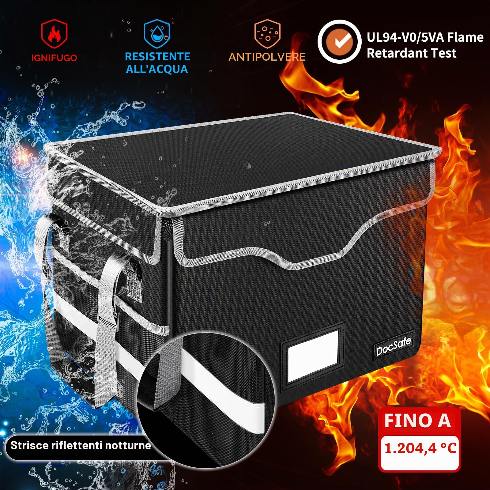 DocSafe Scatola portadocumenti ignifuga con serratura, organizer per documenti con tasche in rete, pieghevole, portatile, per casa e ufficio, con maniglia per appendere lettere/cartelle legali, nero