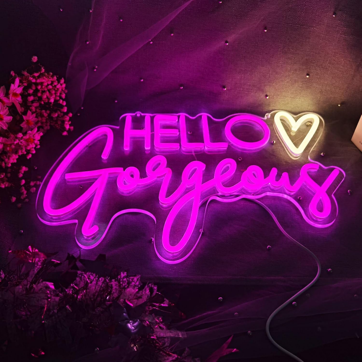Hello Gorgeous Neon Sign Pink USB LED Neon Lights for Home Wedding Birthday Backdrop Bacelorette Party Decor Room with Dimmable Switch(5V,16.5X10.6inches)