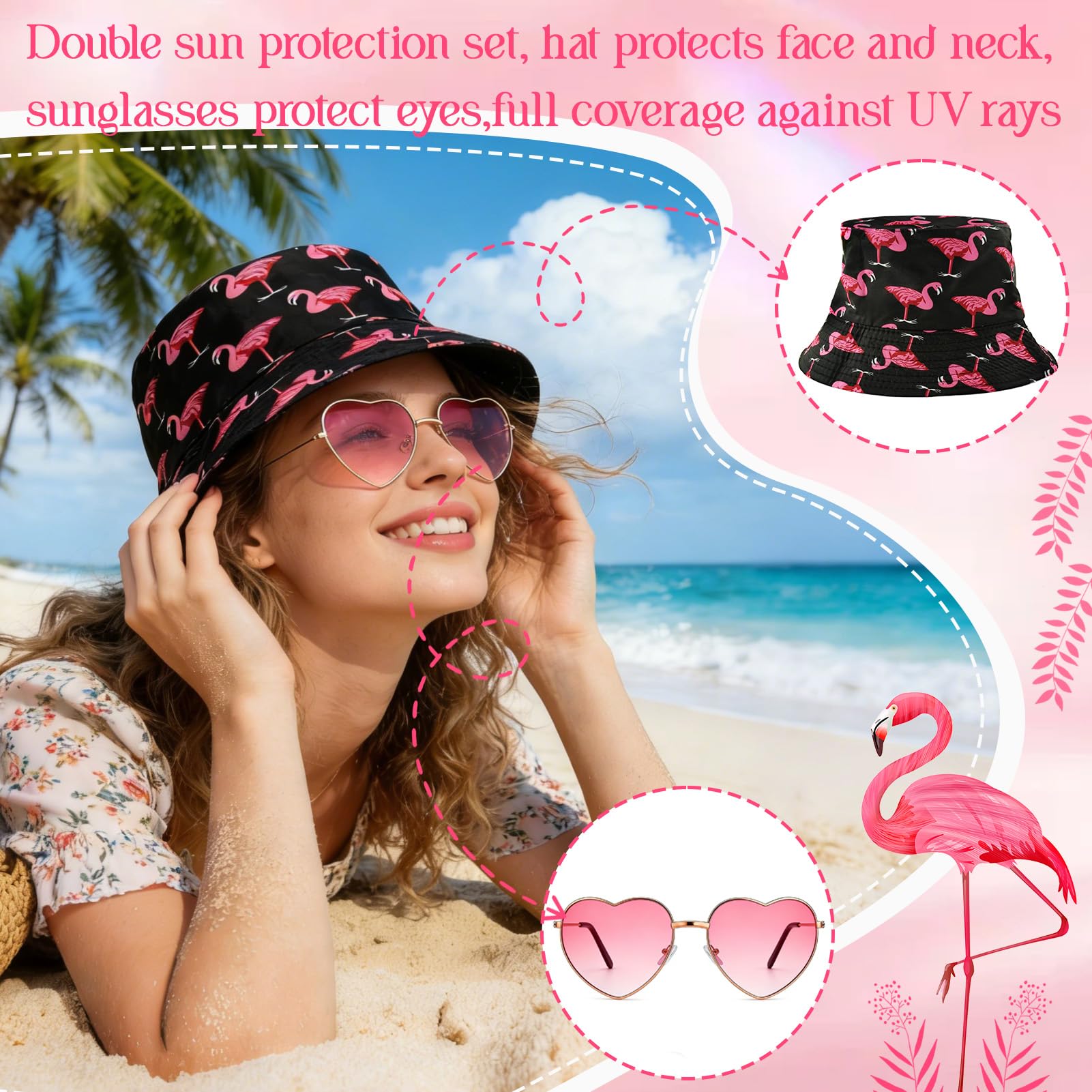 Sombrero de Pescador Flamenco, Sombrero del Pescador Mujer con Gafas de Sol Corazón, Sombreros para El Sol de Pesca, Protección UV Sombreros, Ropa y Accesorios De Moda