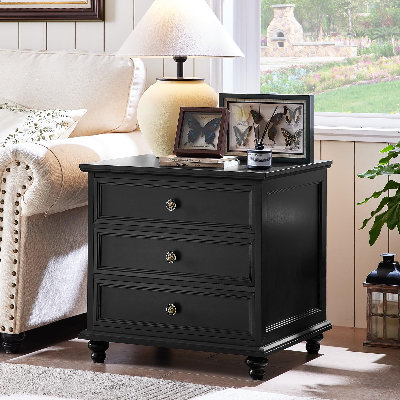 Joaxswe 24" Wide Farmhouse Night Stand,Large End Table with 3 Drawers & Metal Handle,Black Dresser for Bedroom, Bed Side Table Chest of Drawers