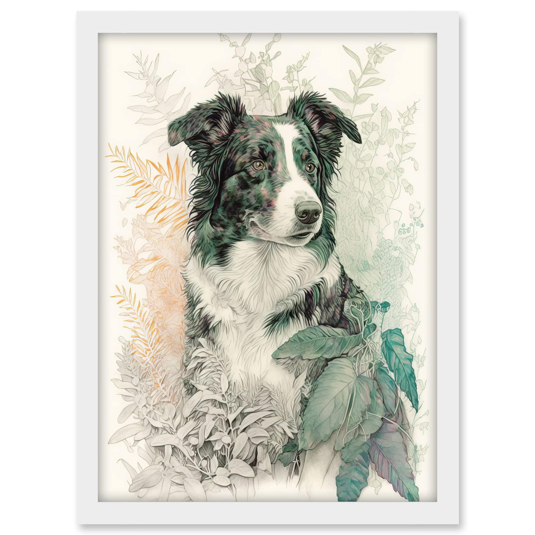 Artery8 Border Collie Dog in Field Modern Colour Pencil Portrait Illustration Artwork Framed A3 Wall Art Print