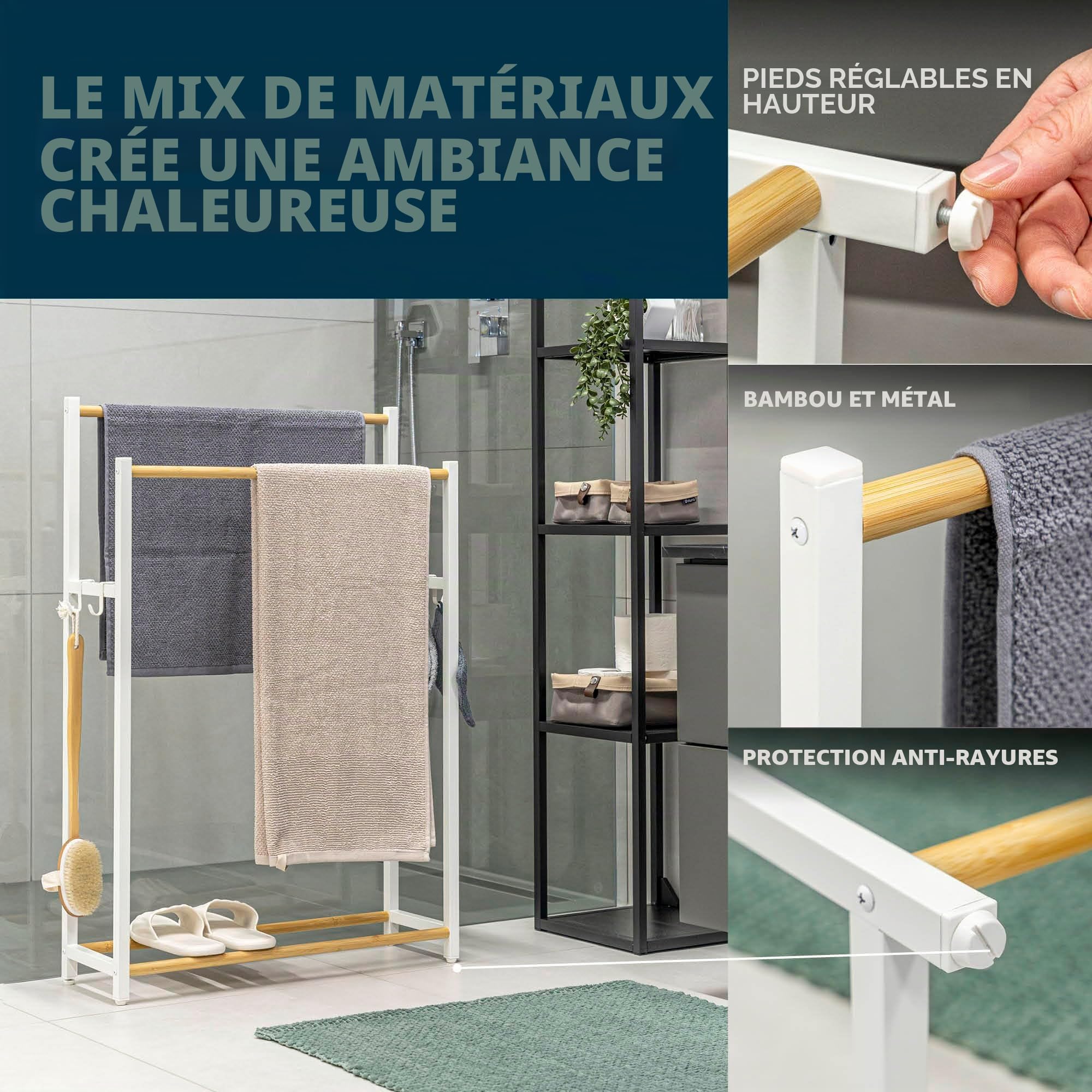 eluno Porte-Serviettes sur Pied en métal avec Bambou, Extra Large, pour Grandes Serviettes de Douche, Porte-Serviettes de Bain, avec 2 Barres Porte-Serviettes et 4 Crochets (Blanc)
