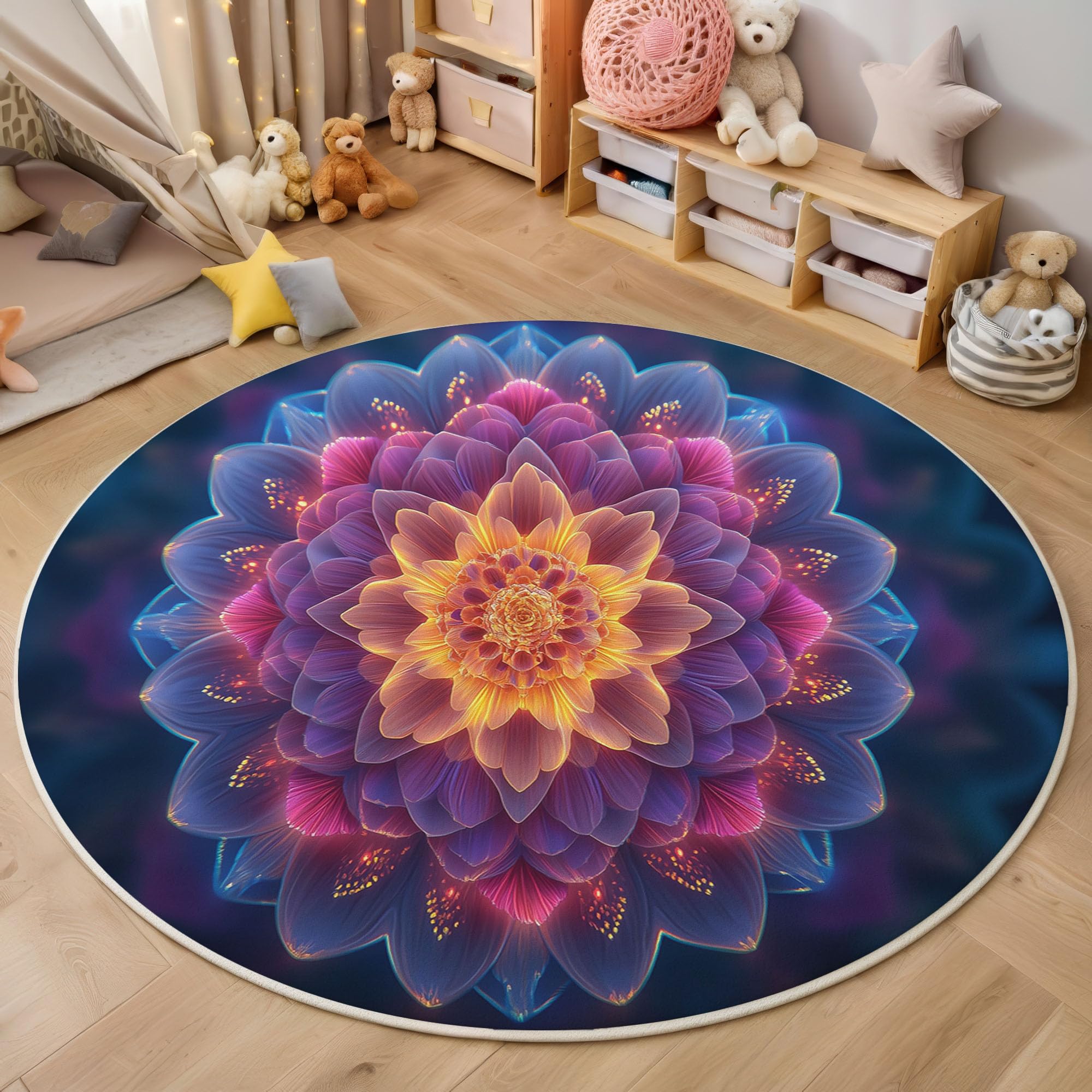 Tapis Rond 100cm, Microfibre Douce Tapis Circulaire Mandala, Moquette Salon Chambre, Imprimés Art Multicouche Pétales Antidérapant Lavable Moquette de Décoration, Bleu Violet