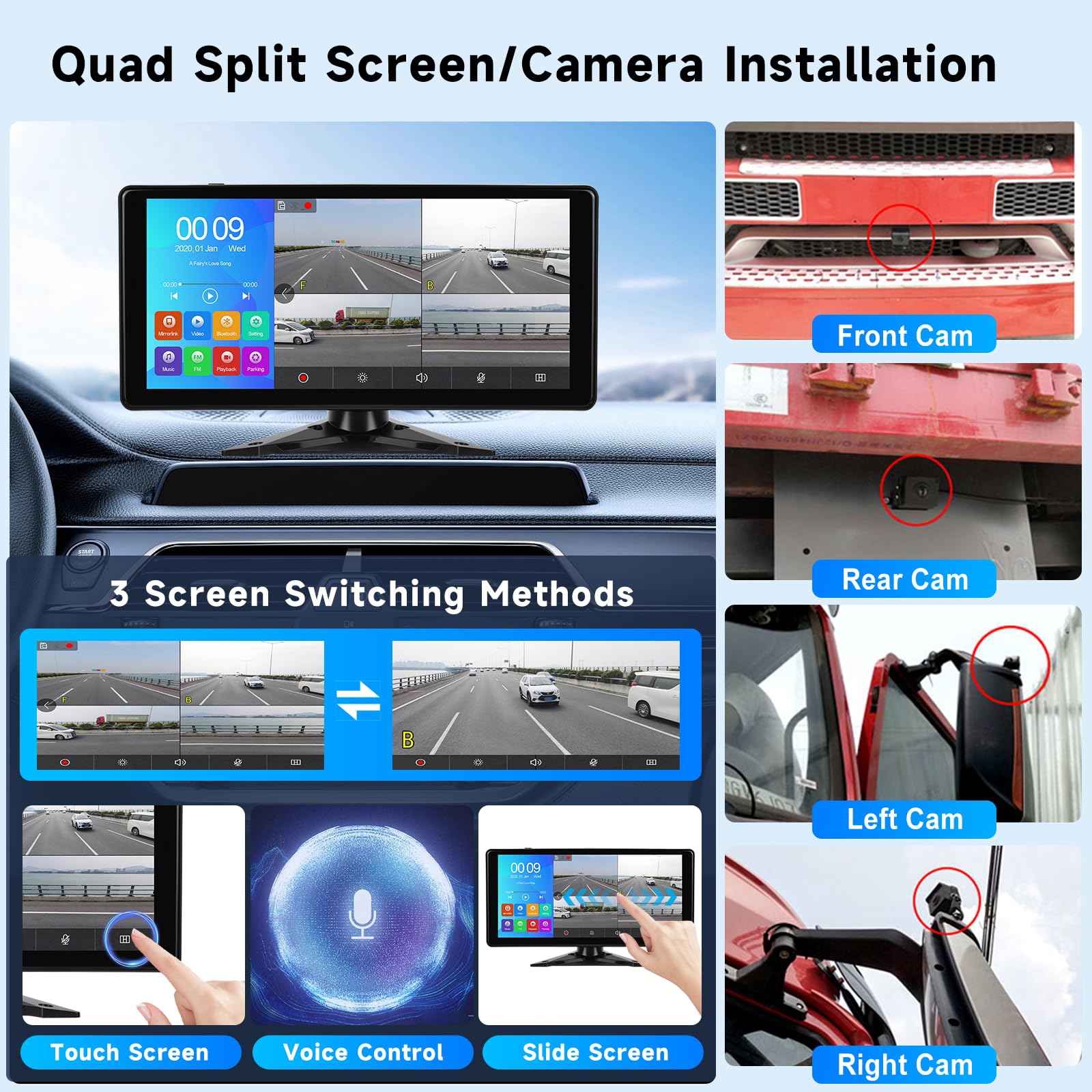 Hodozzy 4 Cámara de Visión Trasera para 10.36'' Monitor Pantalla 4-Dividido 1080P DVR con Bluetooth, con USB/Tarjeta SD, IP69 Impermeable Visión Nocturna para Camión RV Tractor 7V-32V