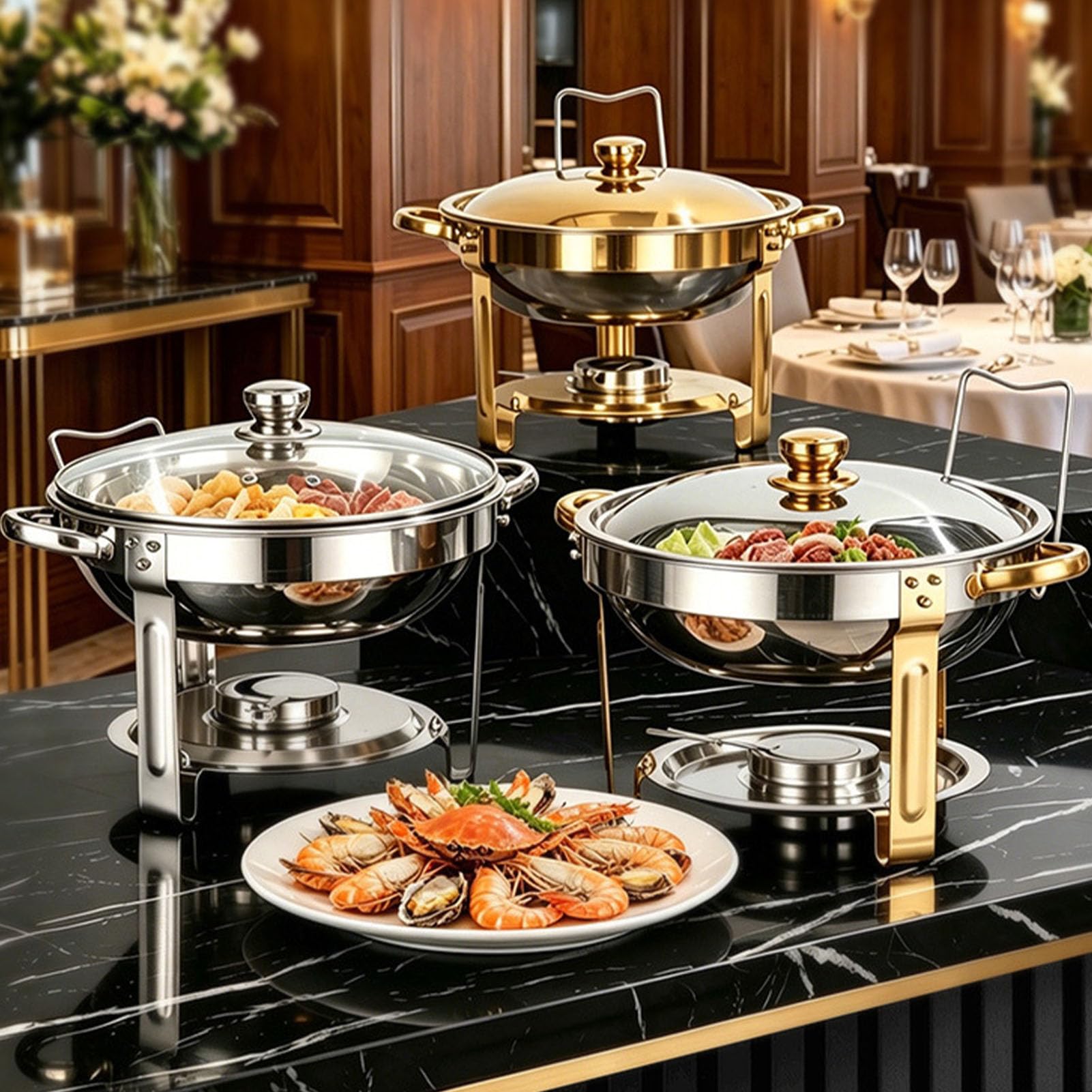 AMONIDA Scaldavivande Rotondi per Buffet, Acciaio Inossidabile da 4,5 Litri