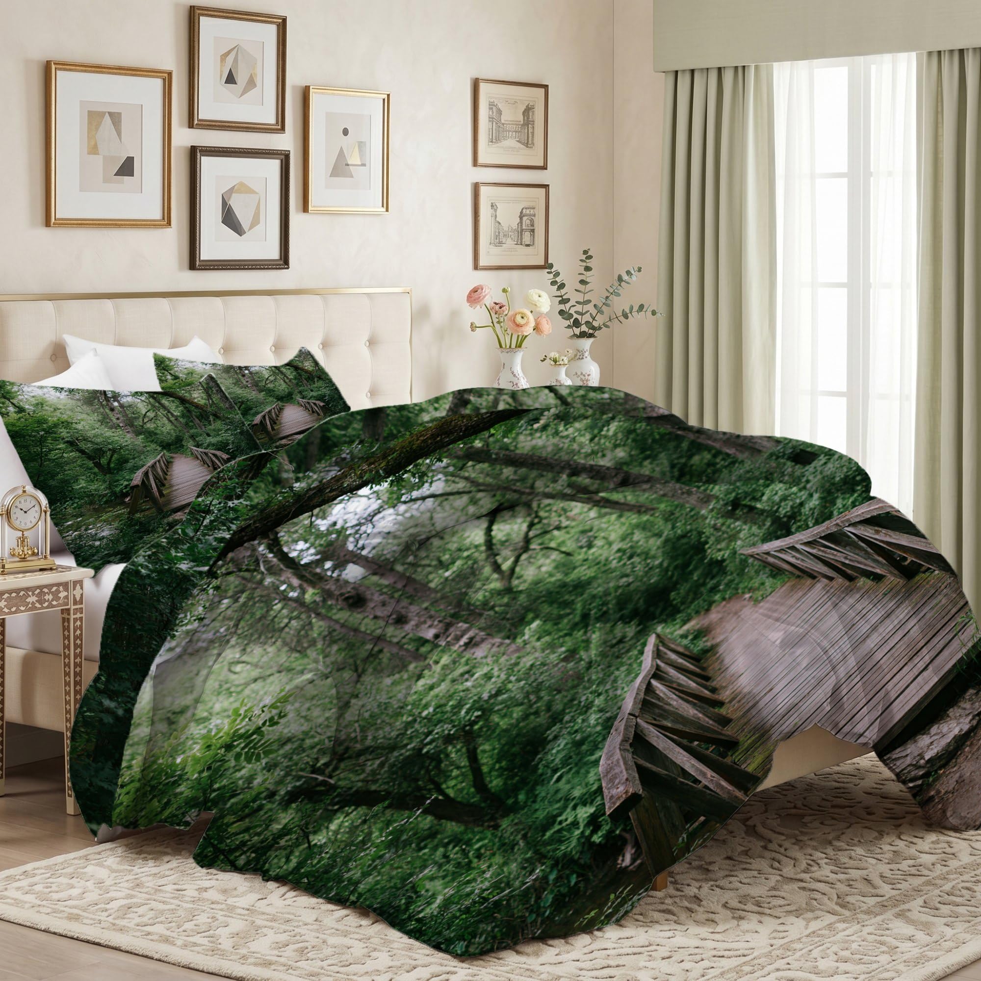 Kołdra bez poszewki, 200 x 200 cm, naturalna dżungla, motyw drzewa, motyw ścieżki, zielony, na 4 pory roku, pikowana, ciepła i miękka, całoroczna kołdra z 2 poszewkami na poduszki, dwustronna