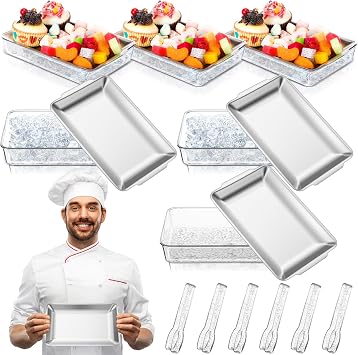 Baderke 6 Set 8.7x5.5 Small Chilled Serving Tray for Parties with Tongs, Ice Chilled Platter Cold Serving Dish for Charcuterie Dip Fruit Seafood Vegetable Salad Appetizer Shrimp CocktailSliver