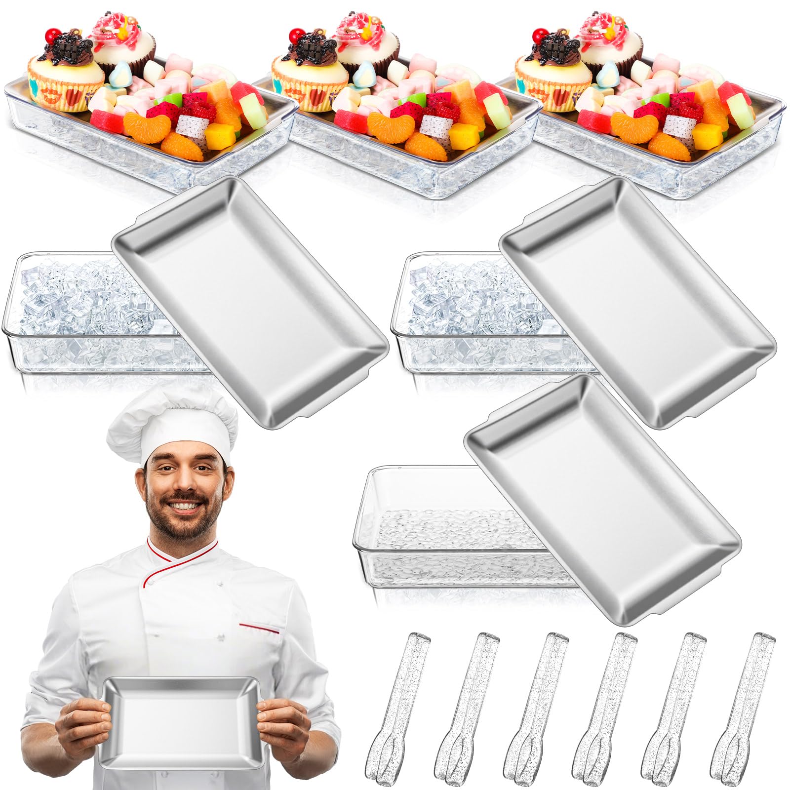 Photo 1 of Baderke 6 Set 8.7x5.5'' Small Chilled Serving Tray for Parties with Tongs, Ice Chilled Platter Cold Serving Dish for Charcuterie Dip Fruit Seafood Vegetable Salad Appetizer Shrimp Cocktail(Sliver)