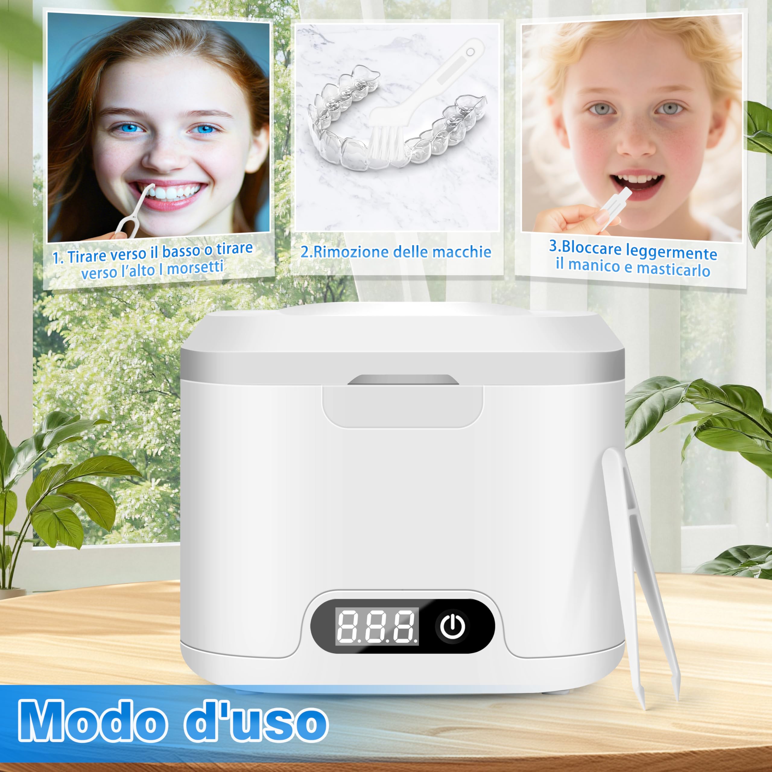 Charmofun Pulitore Ultrasuoni 49000Hz, 340ML Pulitore Ultrasuoni Apparecchio Denti con Luce UV, Ultrasonic Cleaner con 4 Modalità Temporali, Lavatrice Ultrasuoni per Bite, Protesi dentali, Orologi, Gi